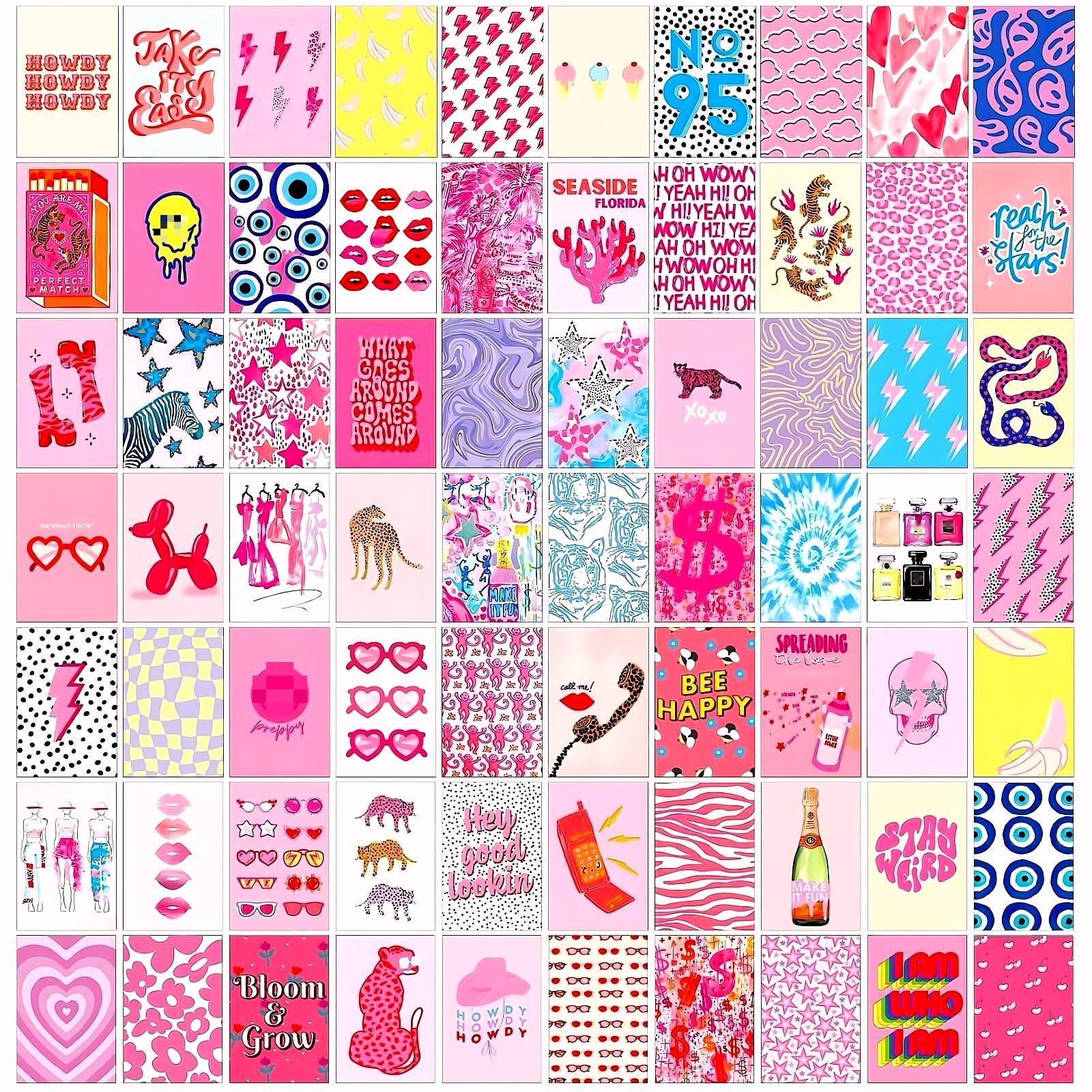 LCLAIDYDY 70Pcs Preppy Room Decor, Pink Wall Collage Kit Aesthetic Picture Hot Pink Room Decor for Bedroom Small Posters for Room Aesthetic Preppy Cute Dorm Photo Wall Decor for Teen Girls 4x6