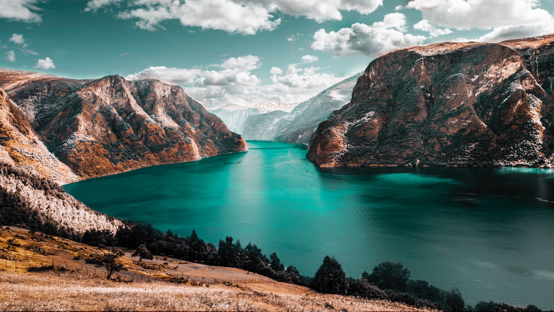 Mountains, lake, sky, clouds, mountain landscape, grass. picture, photo, desktop wallpaper