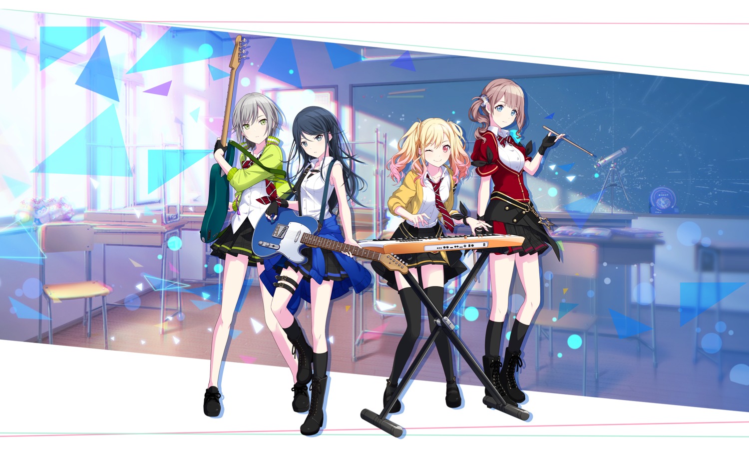 project sekai hinomori shiho hoshino ichika (project sekai) mochizuki honami tenma saki garter guitar heels seifuku sweater tagme thighhighs wallpaper