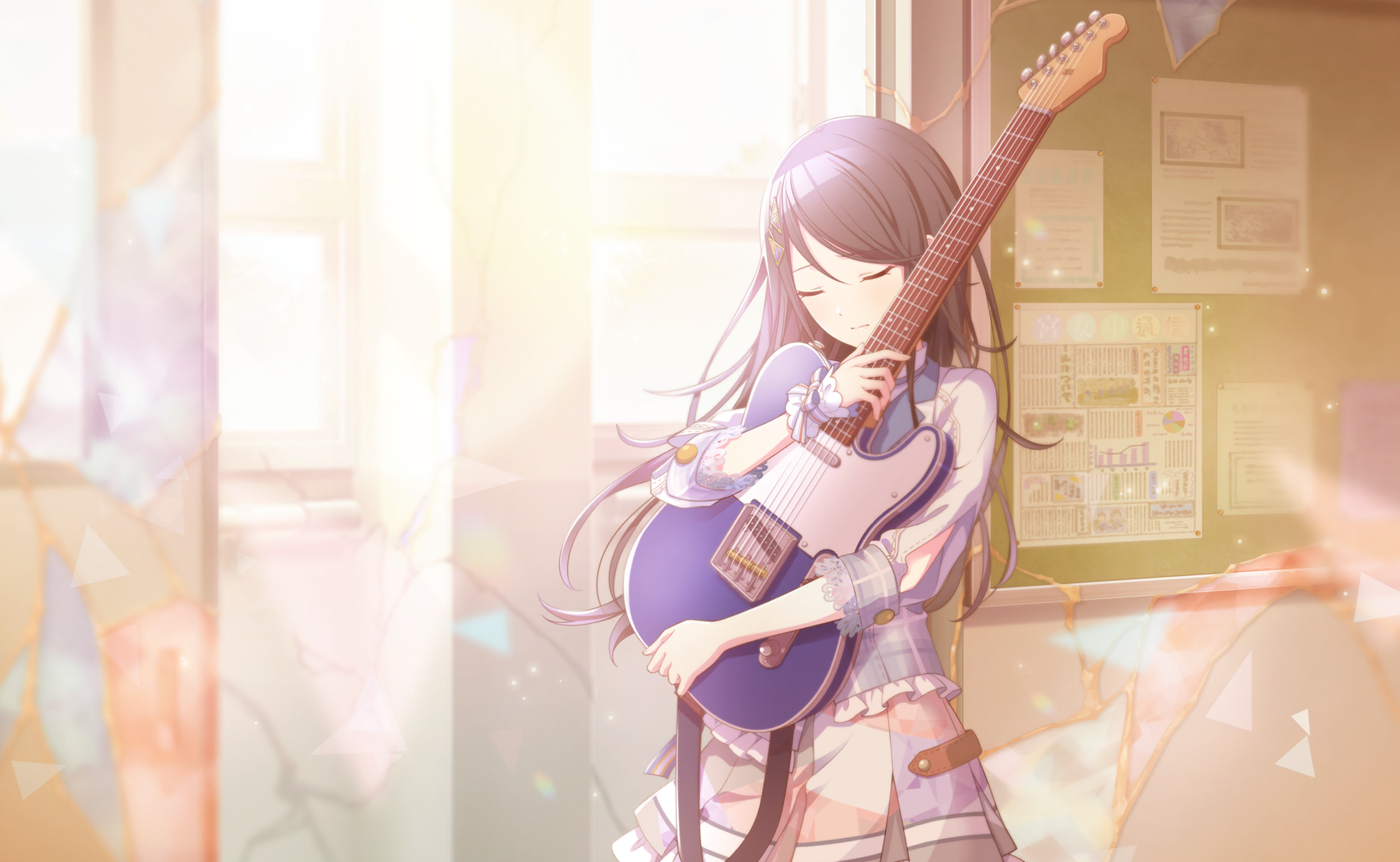 hoshino ichika (project sekai), project sekai, highres, official art, 1girl, black hair, blazer, blurry, blurry background, chalkboard, classroom, closed eyes, closed mouth, clothing cutout, colorful palette, crack, cracked glass, cracked wall, depth