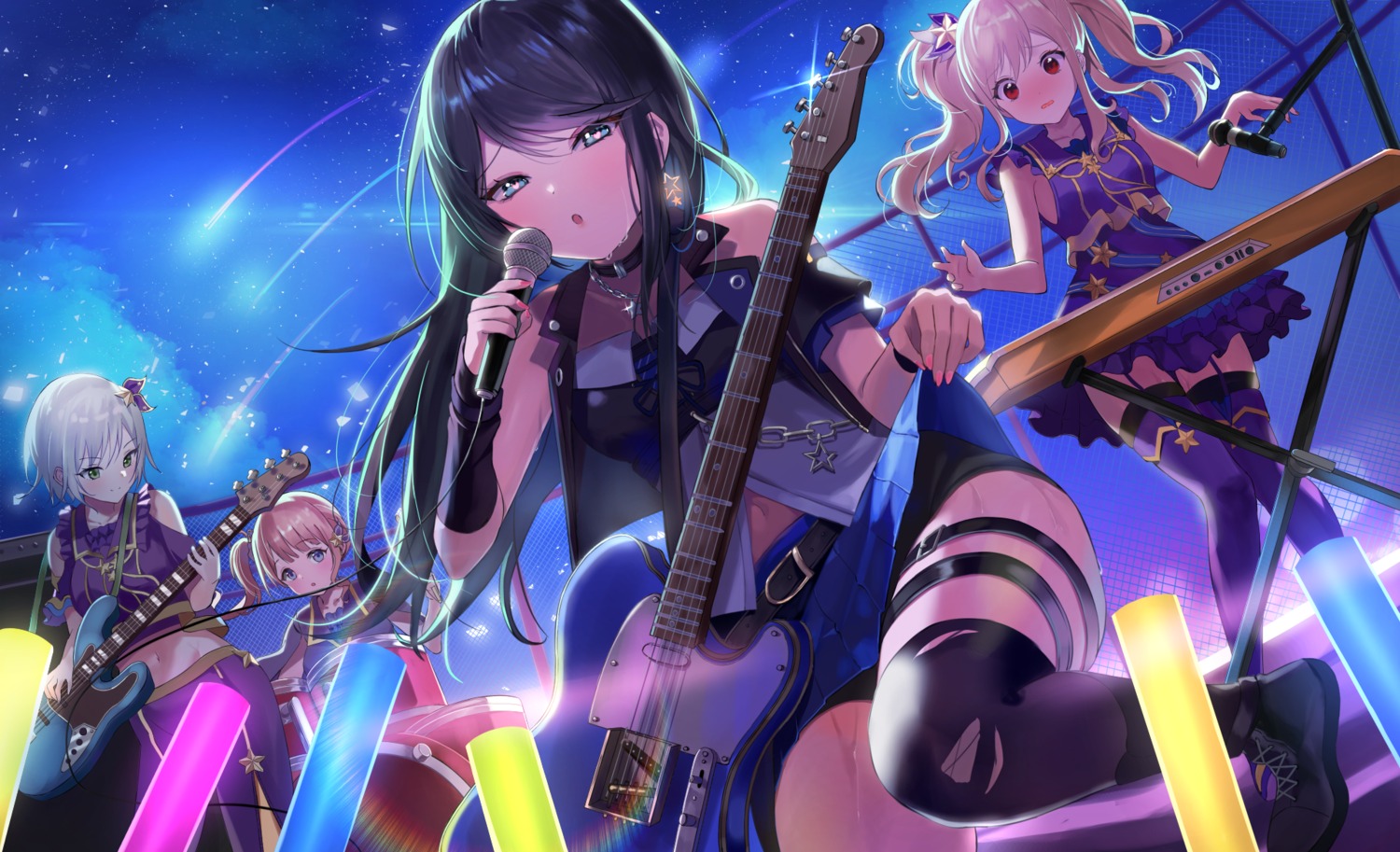 yurancoco project sekai project sekai colorful stage! hinomori shiho hoshino ichika (project sekai) mochizuki honami tenma saki bike shorts garter guitar skirt lift stockings thighhighs torn clothes uniform wet