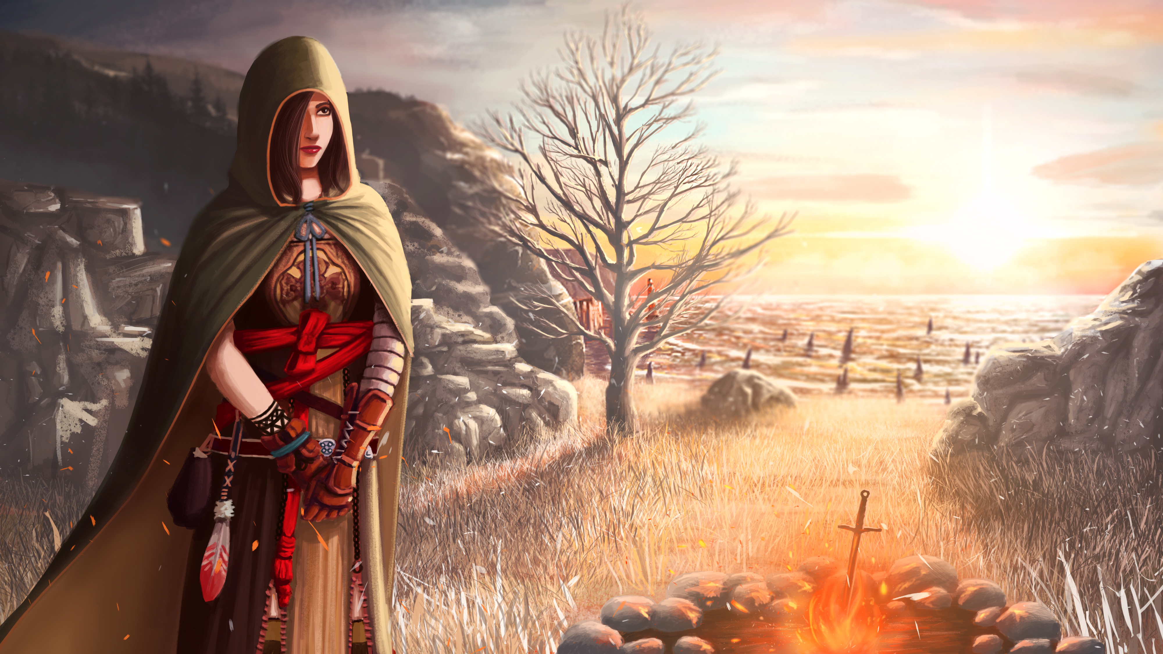Download wallpaper woman, the fire, hood, cloak, Dark Souls 2, Majula, Shanalotte, section games in resolution 4000x2250