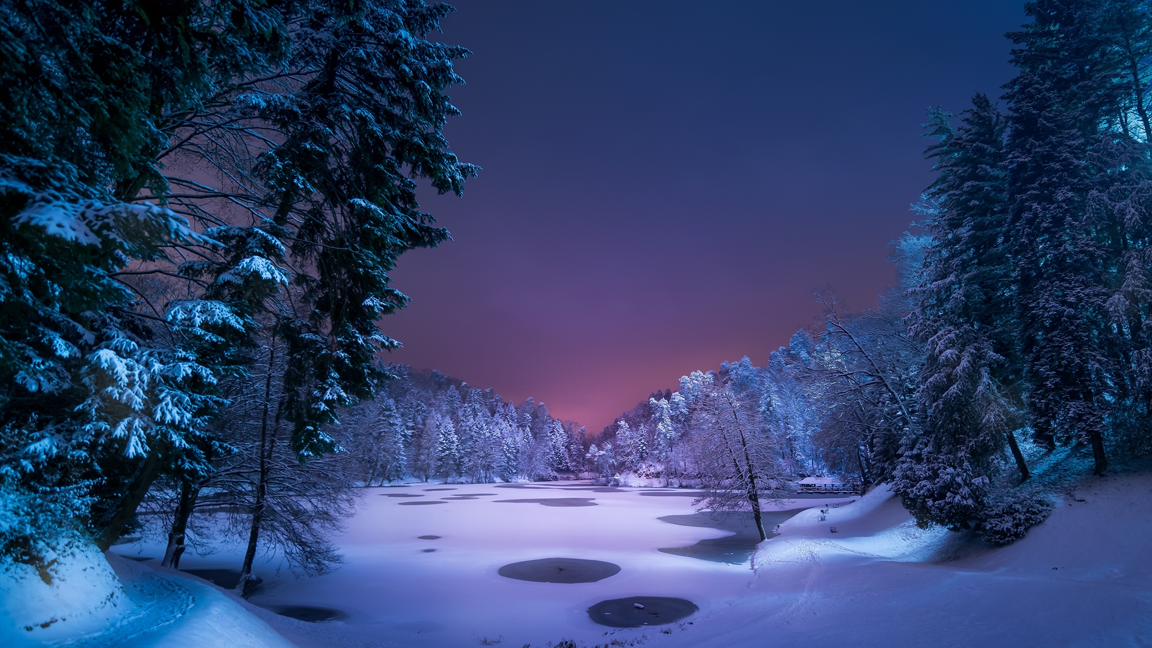 Picture Winter Nature Lake Snow Forests Night 3840x2160