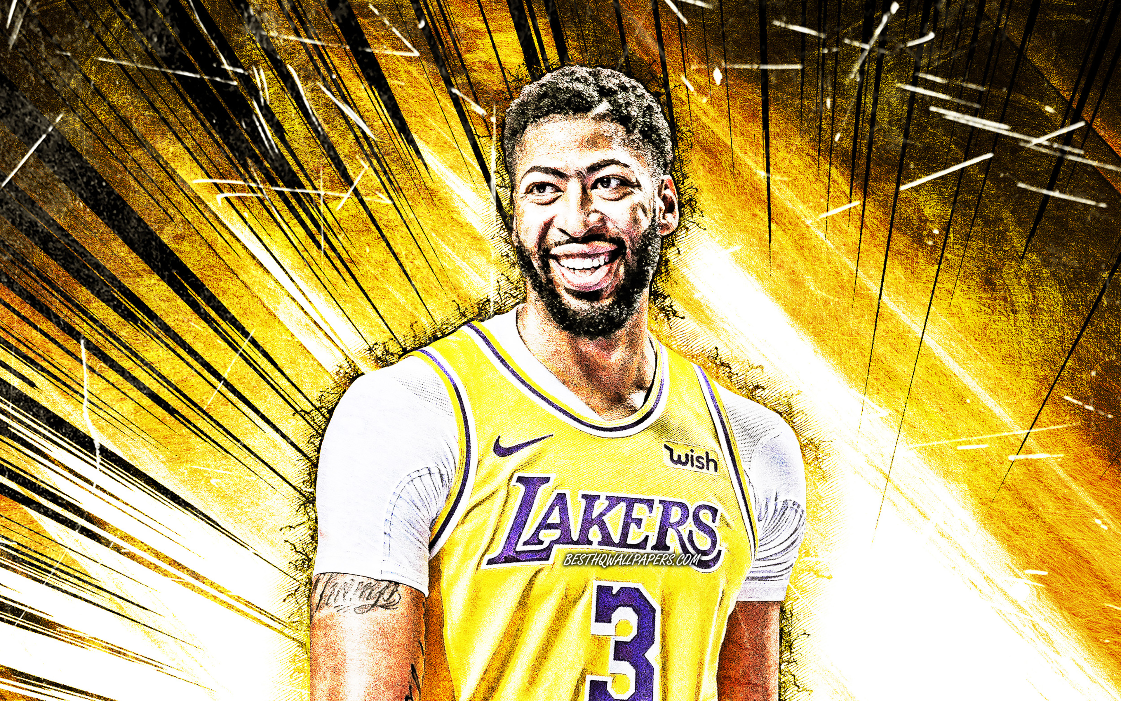 Download wallpaper 4k, Anthony Davis, grunge art, Los Angeles Lakers, NBA, basketball stars, Anthony Marshon Davis Jr, yellow abstract rays, Anthony Davis 4K, basketball, LA Lakers, creative, Anthony Davis Lakers for desktop