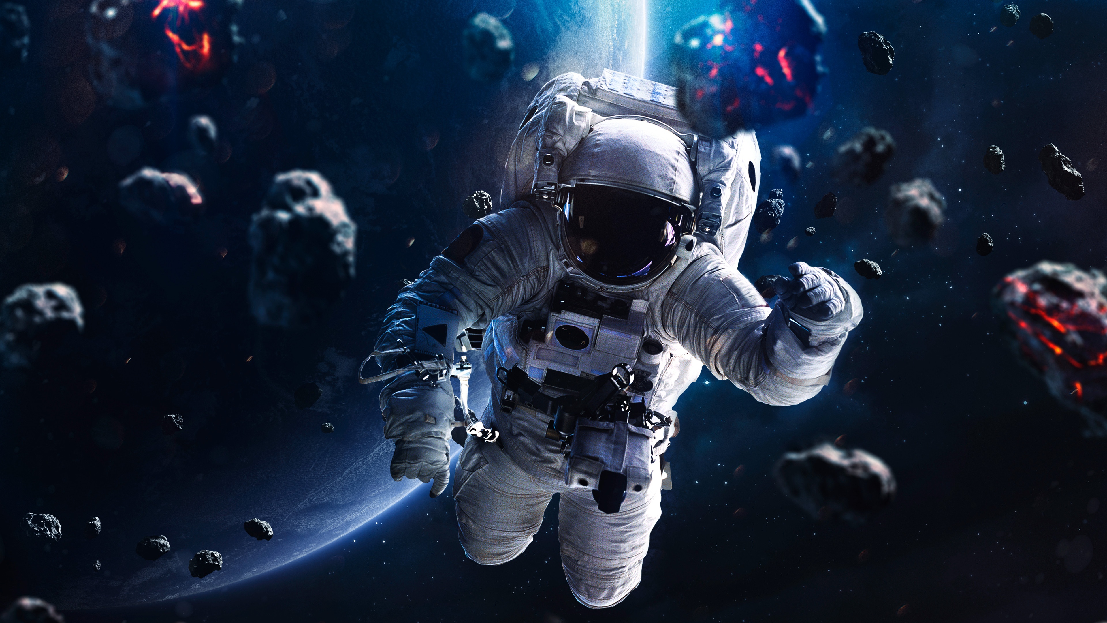 Astronaut Wallpaper 4K, Asteroids, Blue planet