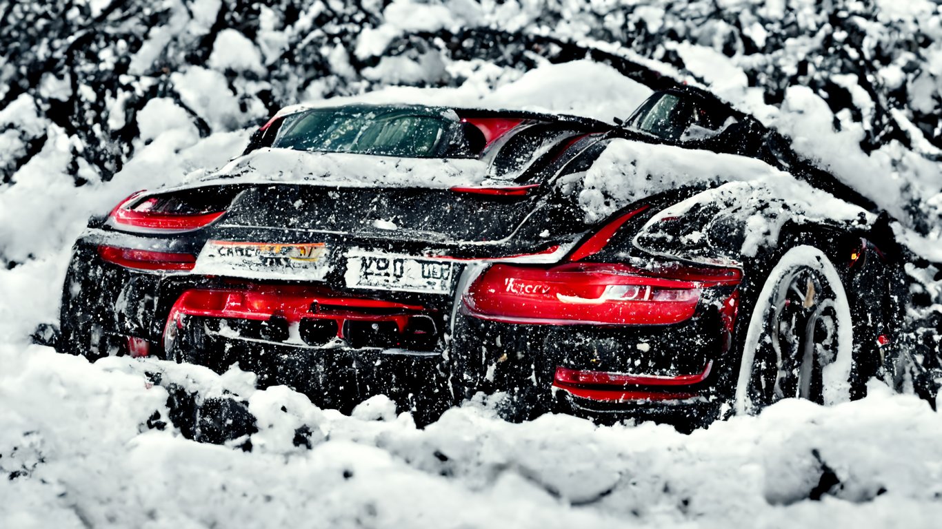 prompthunt: porsche carrera 4s, stuck in the snow, blizzard, snowing, dark, back view, wallpaper
