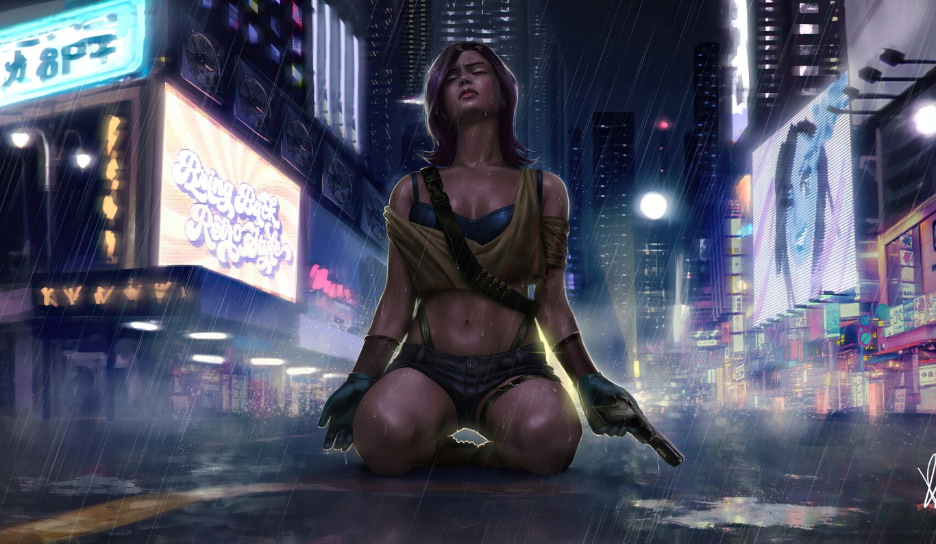Cyber Girl Rain City 4k Wallpaper 4K