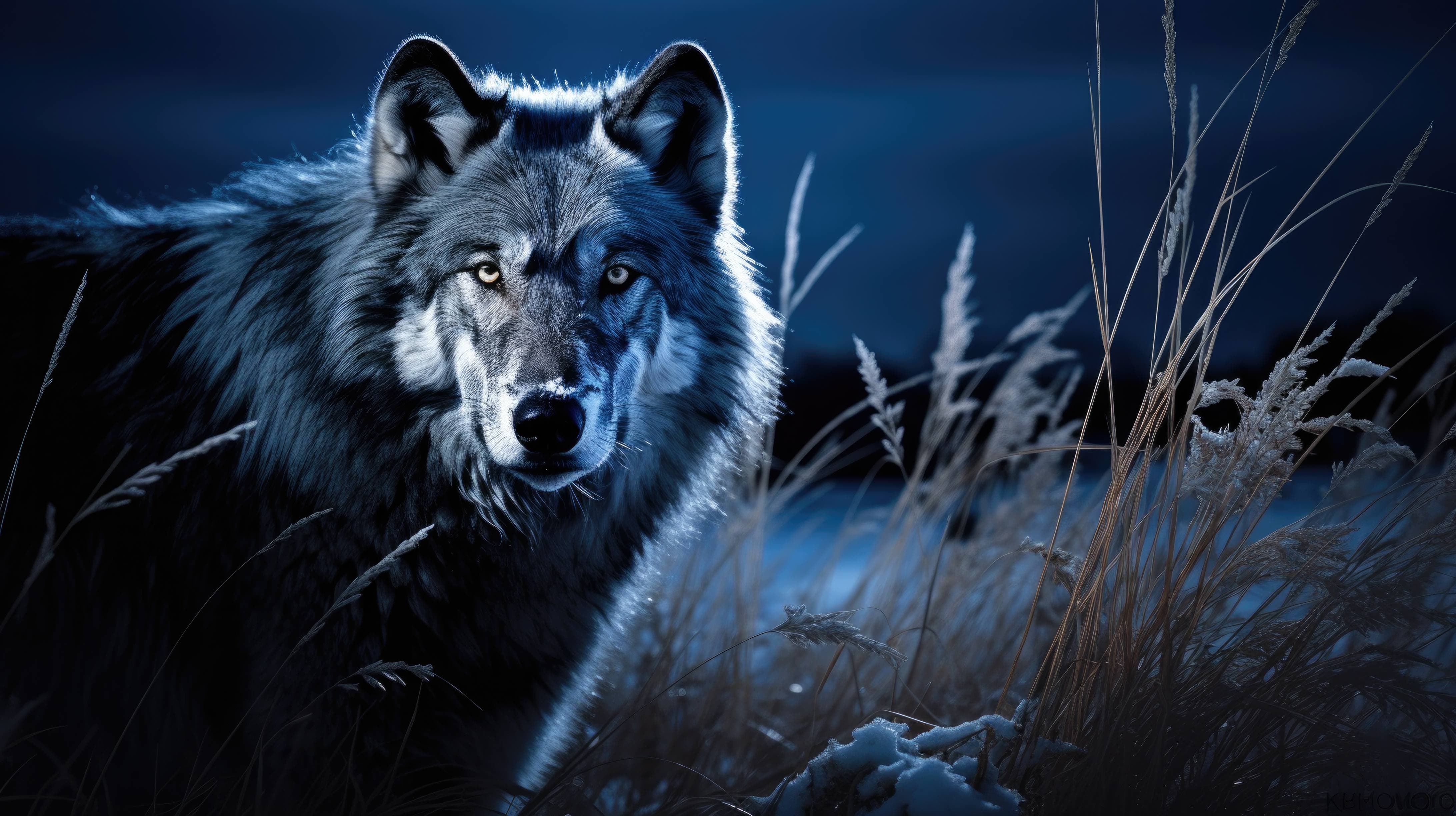 Wolf prowling a silvered meadow, eyes