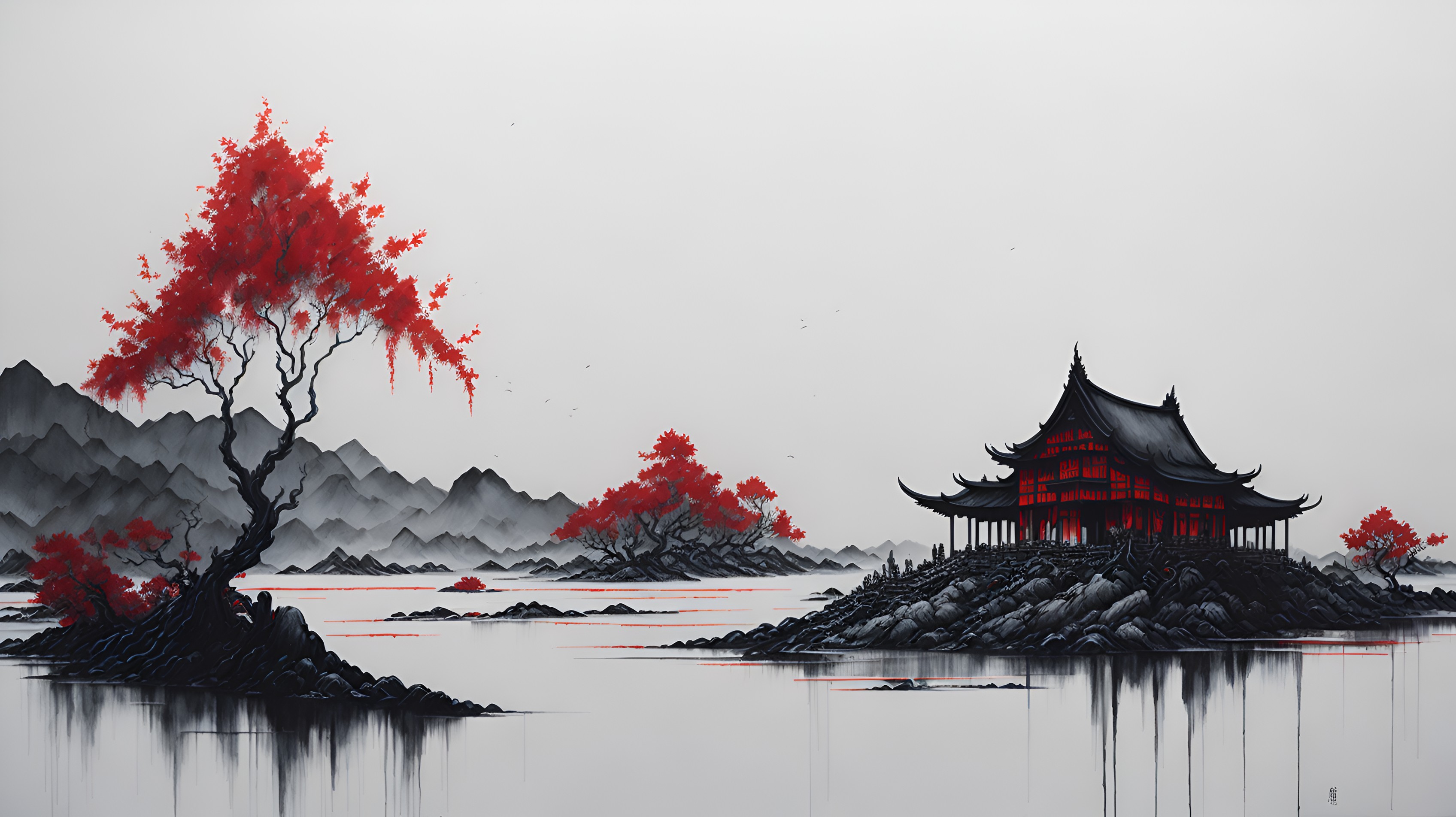 ink painting scroll, muted colors