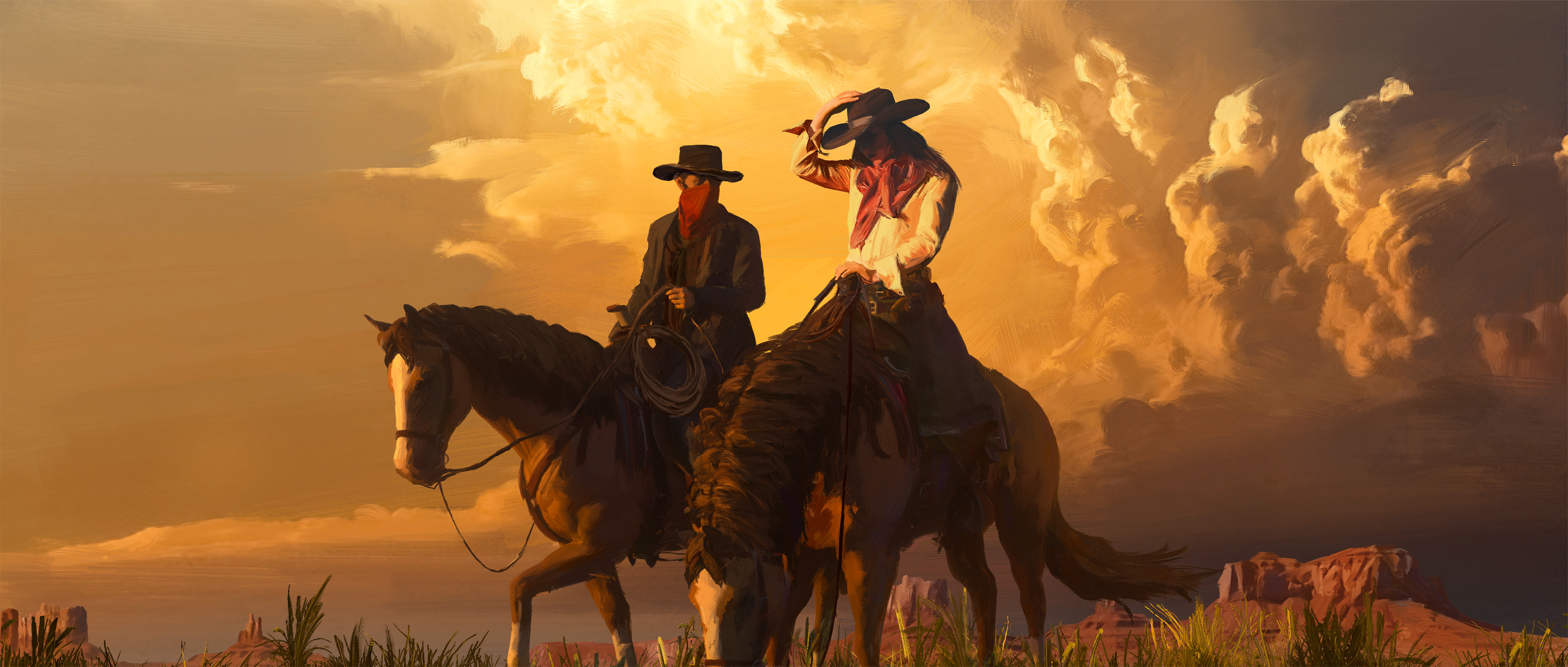 Yongfei Liu, cowboys, cowgirl, 2D, digital art, artwork, illustration, western, horse, oil painting, cloudsx1633 Wallpaper