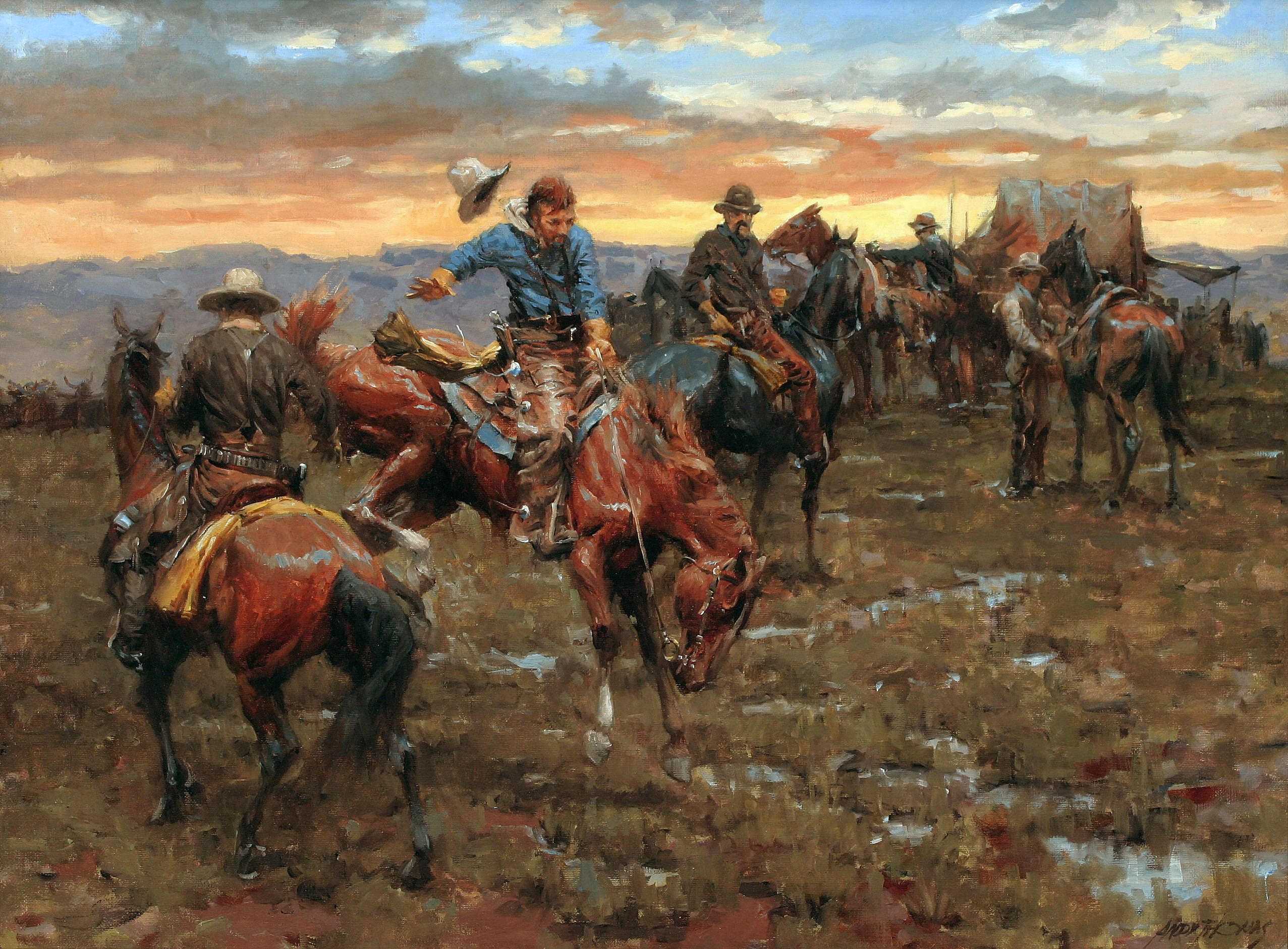 Breaking in the horse. 2553x1882. Painting, Western art, Cowboy art