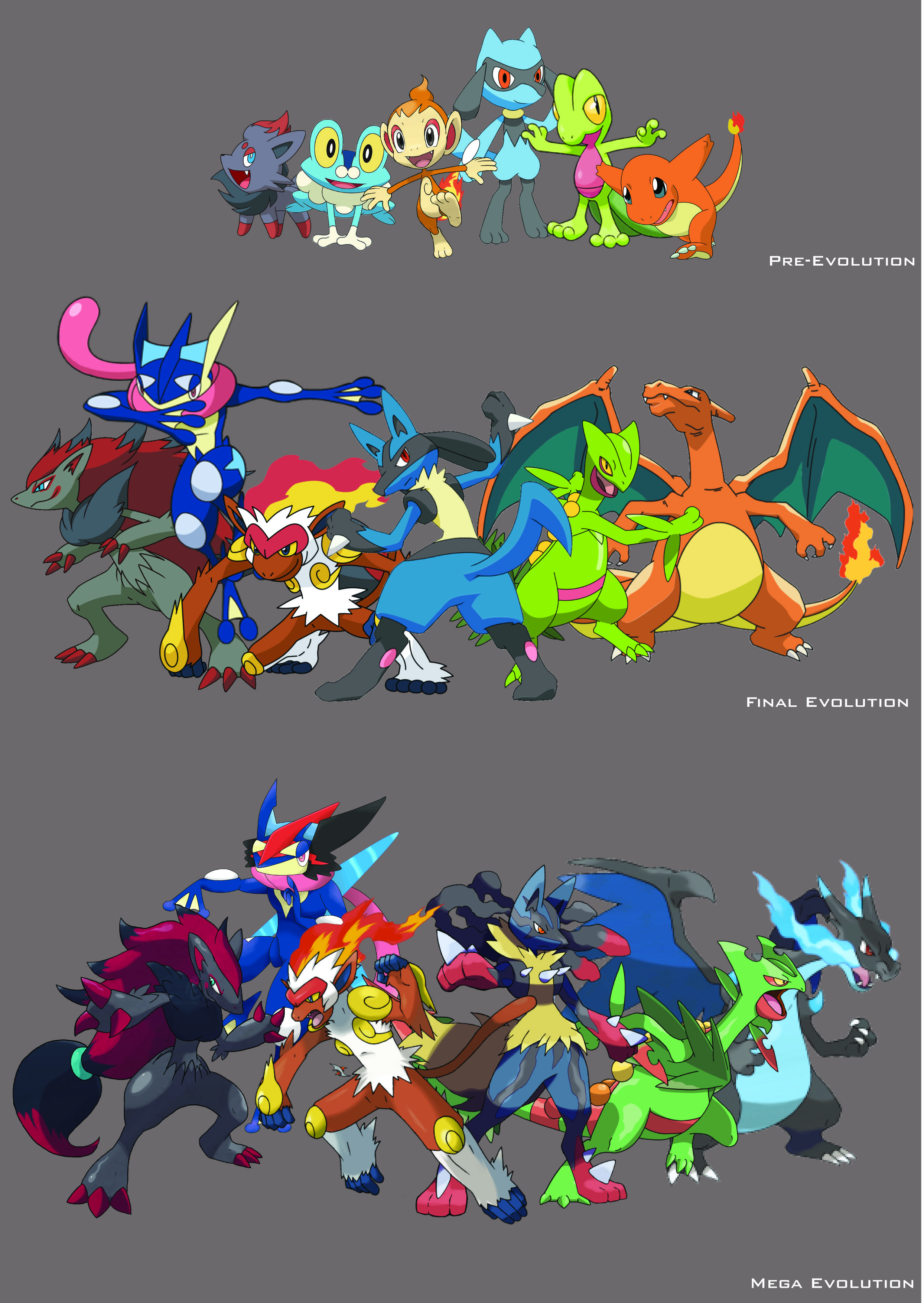 my Pokemon dream team. Pre-> FInal-> Mega Evolution. Lucario, Infernape, Greninja, Charizard, Zoroark, Sceptile. Pokemon zoroark, Pokemon rayquaza, Pokemon teams