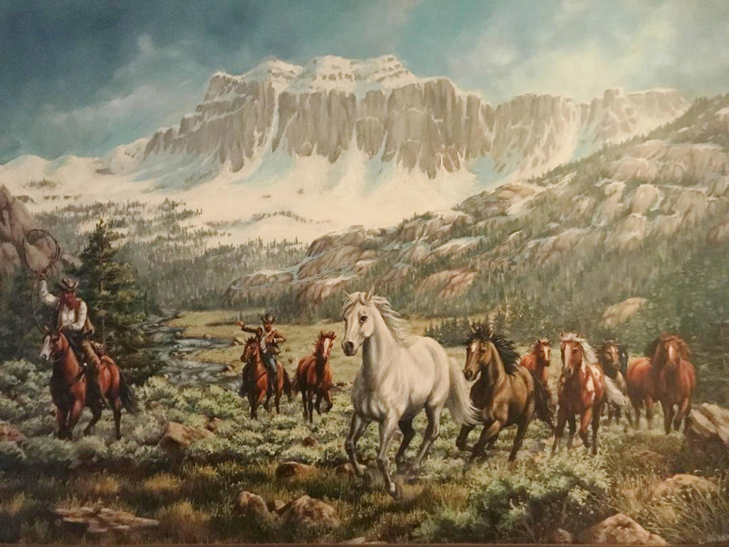 Western Oil Painting, By L. Karren Brakke Of Running Horses And Cowboy