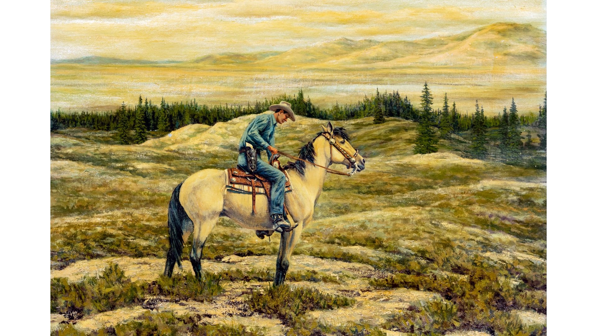 Stan Fabis. western landscape having a man in cowboy gear riding a horse