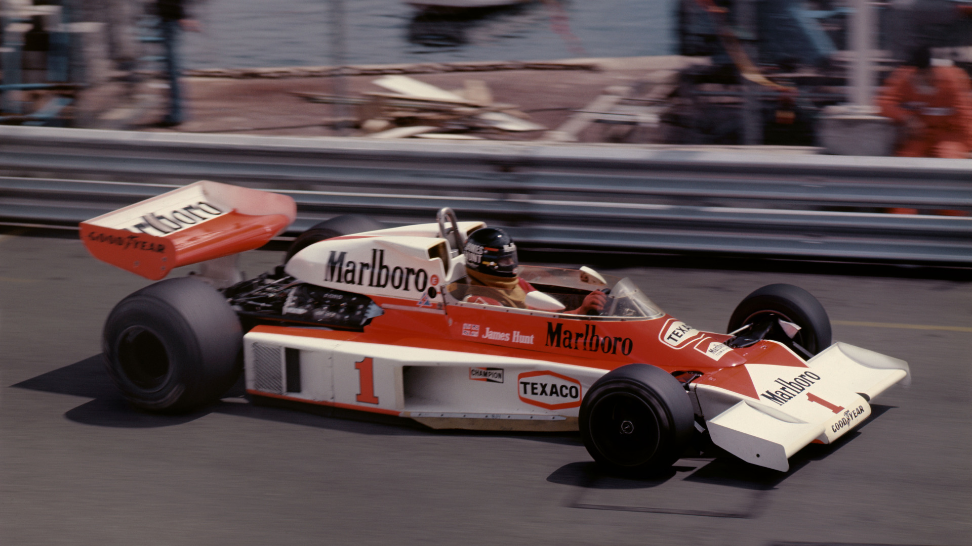Download wallpaper speed, legend, Formula 1, 1977, Monte Carlo, James Hunt, world champion, Marlboro Team McLaren, section sports in resolution 1920x1080