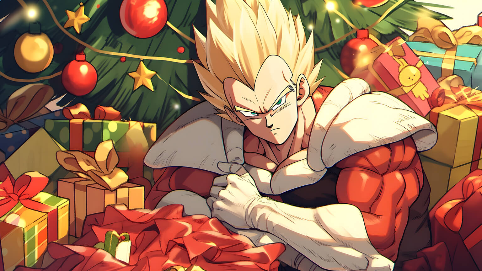 Dragon Ball Vegeta with Christmas Gifts Desktop Wallpaper in 4K