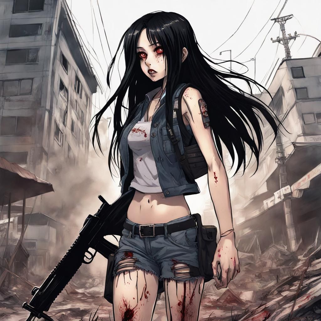 semi realistic y2k girl with long black hair in zombie apocalypse