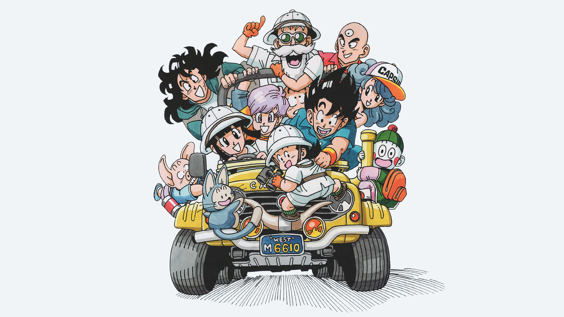 Dragon Ball, Dragon Ball Z, Manga, Son Goku, Yamcha, Bulma, Gohan, Chi Chi, Tien Shinhan, Master Roshi, Puerh, Car, Frontal View, Lunch (Dragon Ball), Simple Background, Minimalismx1080 Wallpaper