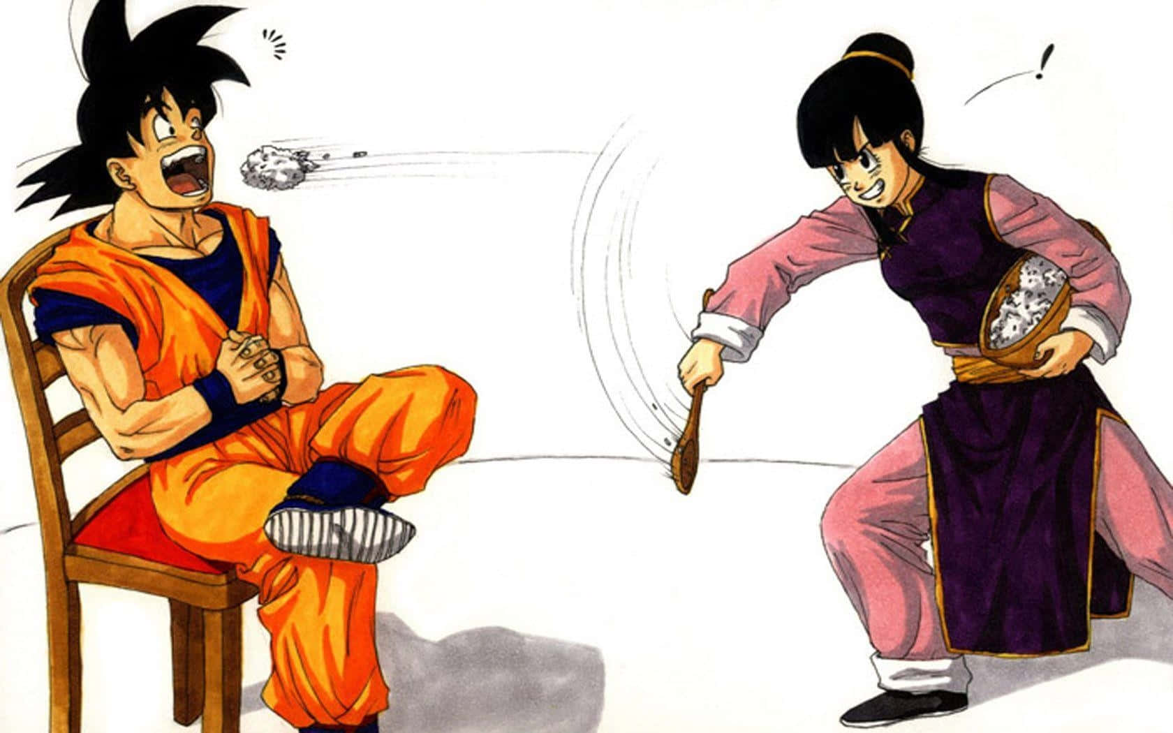 Download Goku And Chichi Throwing Food Wallpaper