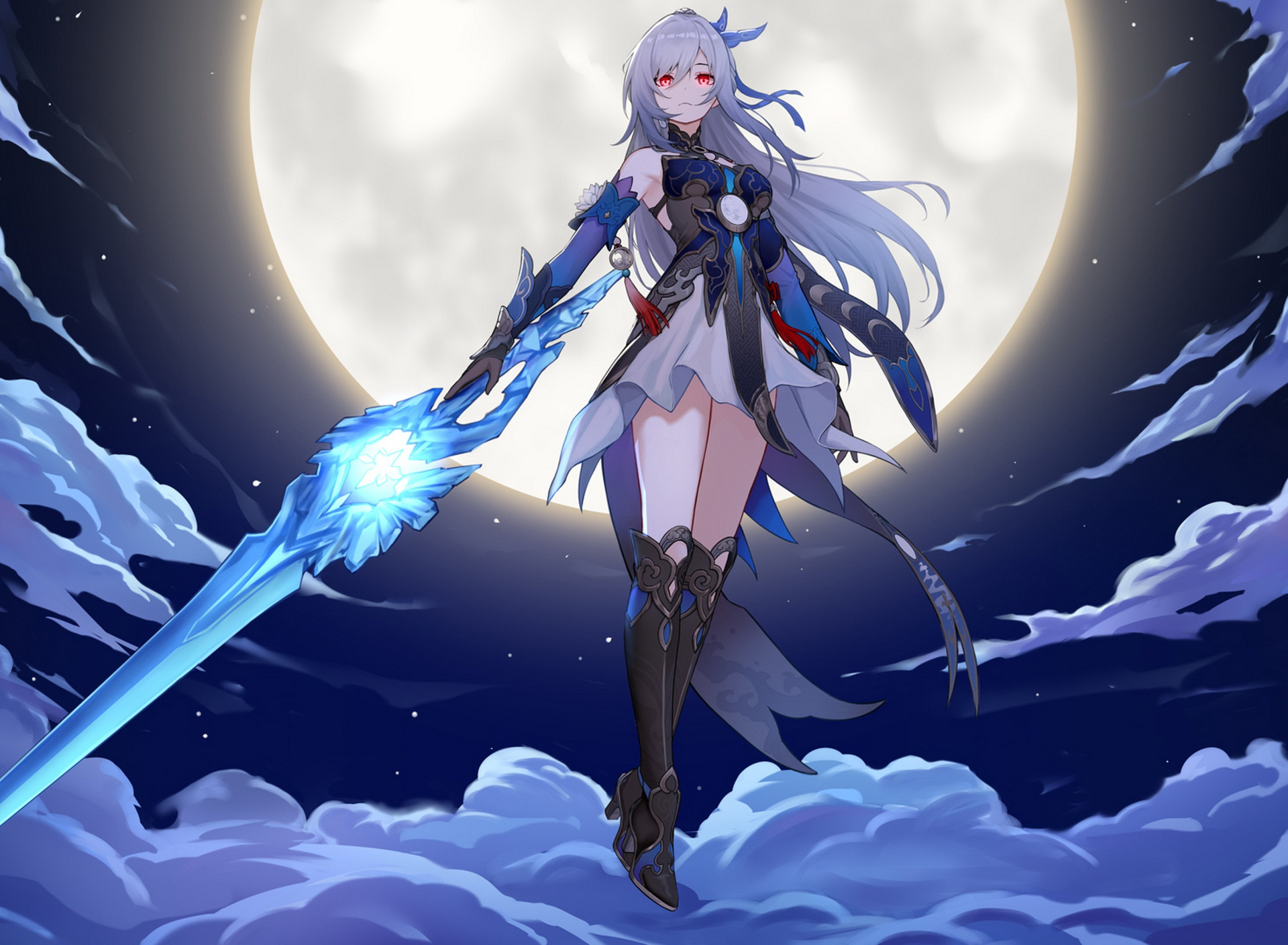 Download wallpaper clouds, pose, The moon, stand, character, Honkai Star Rail, Hongkai Star Rail, Jingliu, section games in resolution 1920x1408