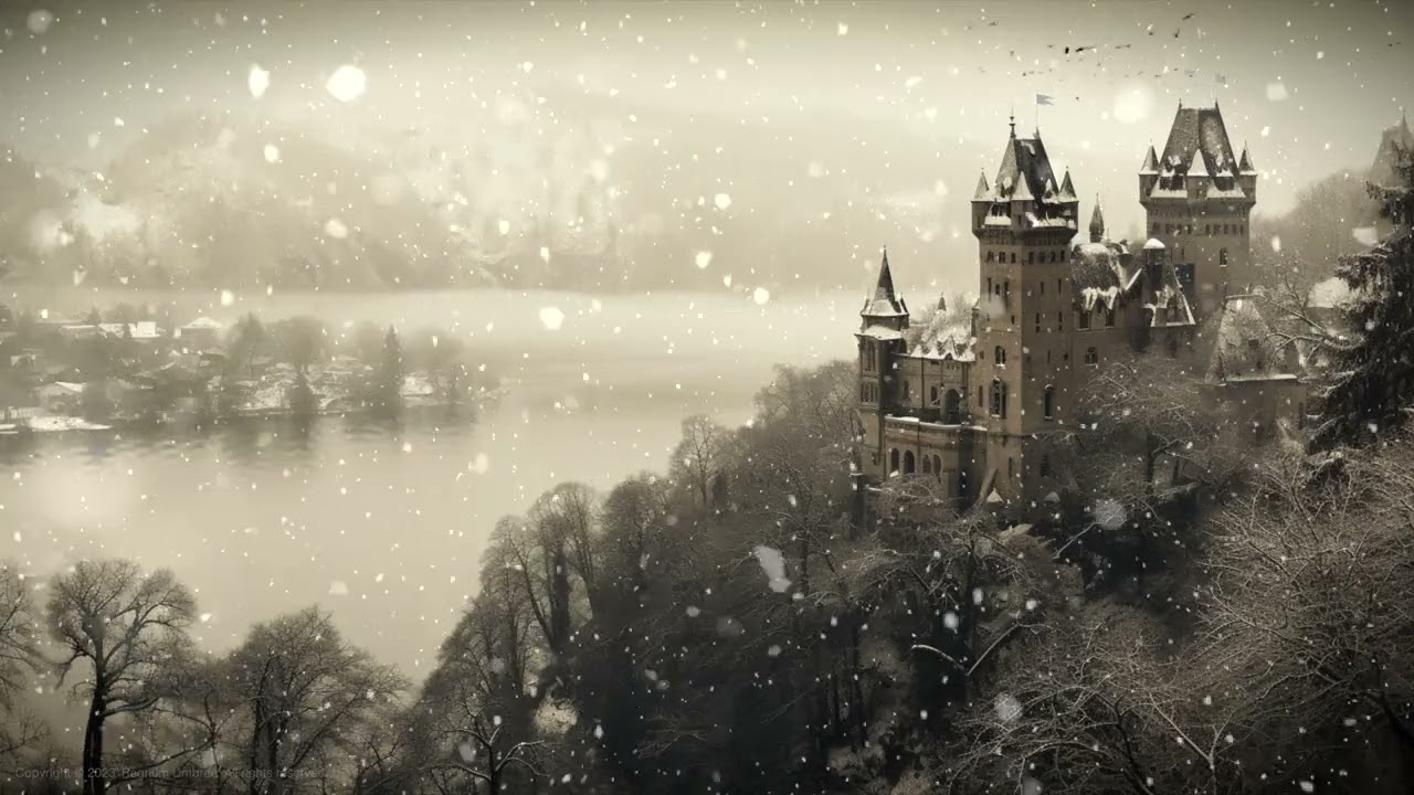Haunted Winter Castle. Dark Academia Desktop and Phone Digital Wallpaper