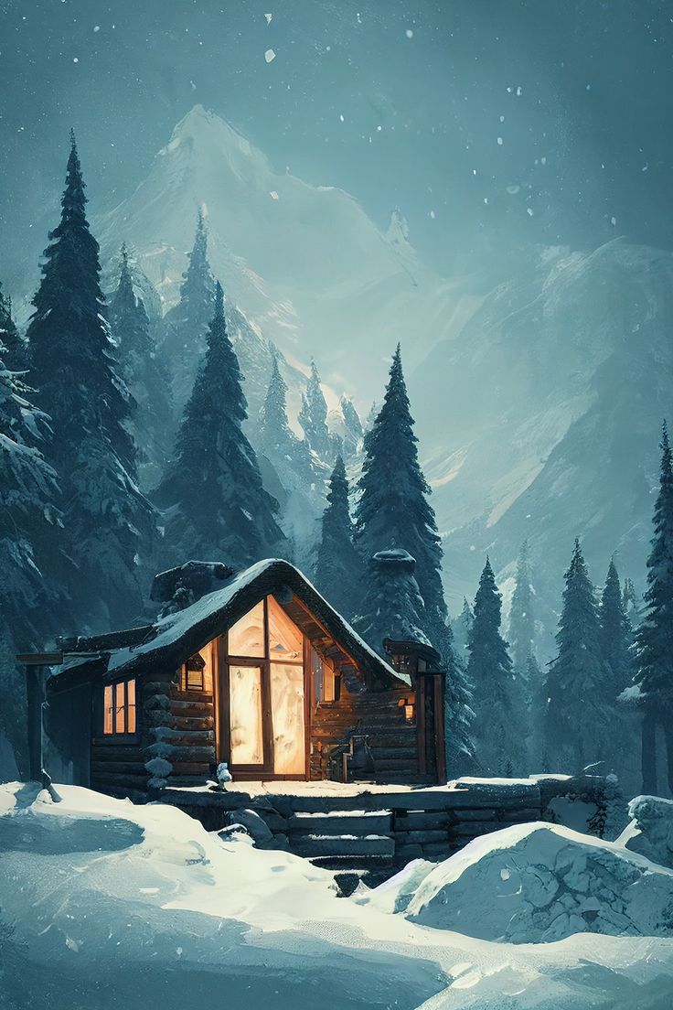 Cozy Winter Cabin in Forest