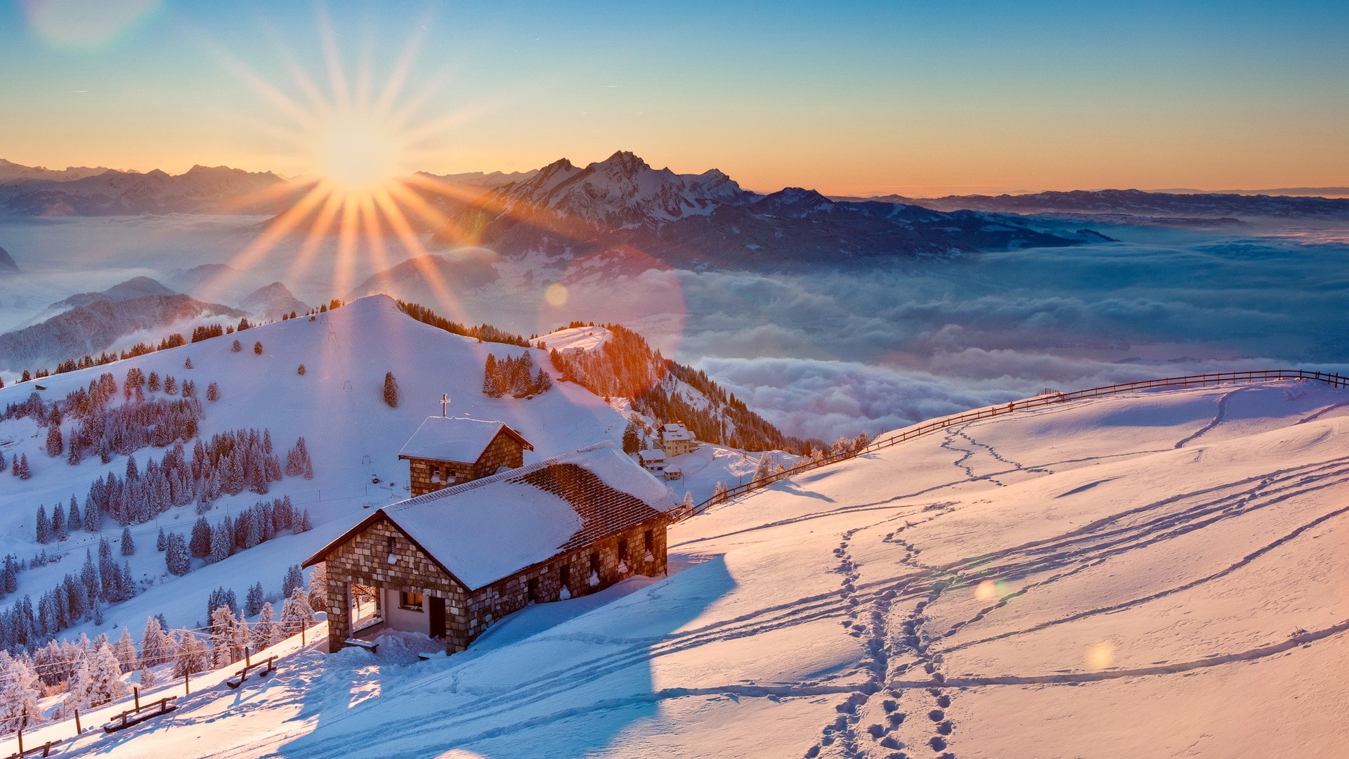 landscape, snow, mountains, cabin, Switzerland, nature, winter, sunlight, Alps, Sun, housex1080 Wallpaper