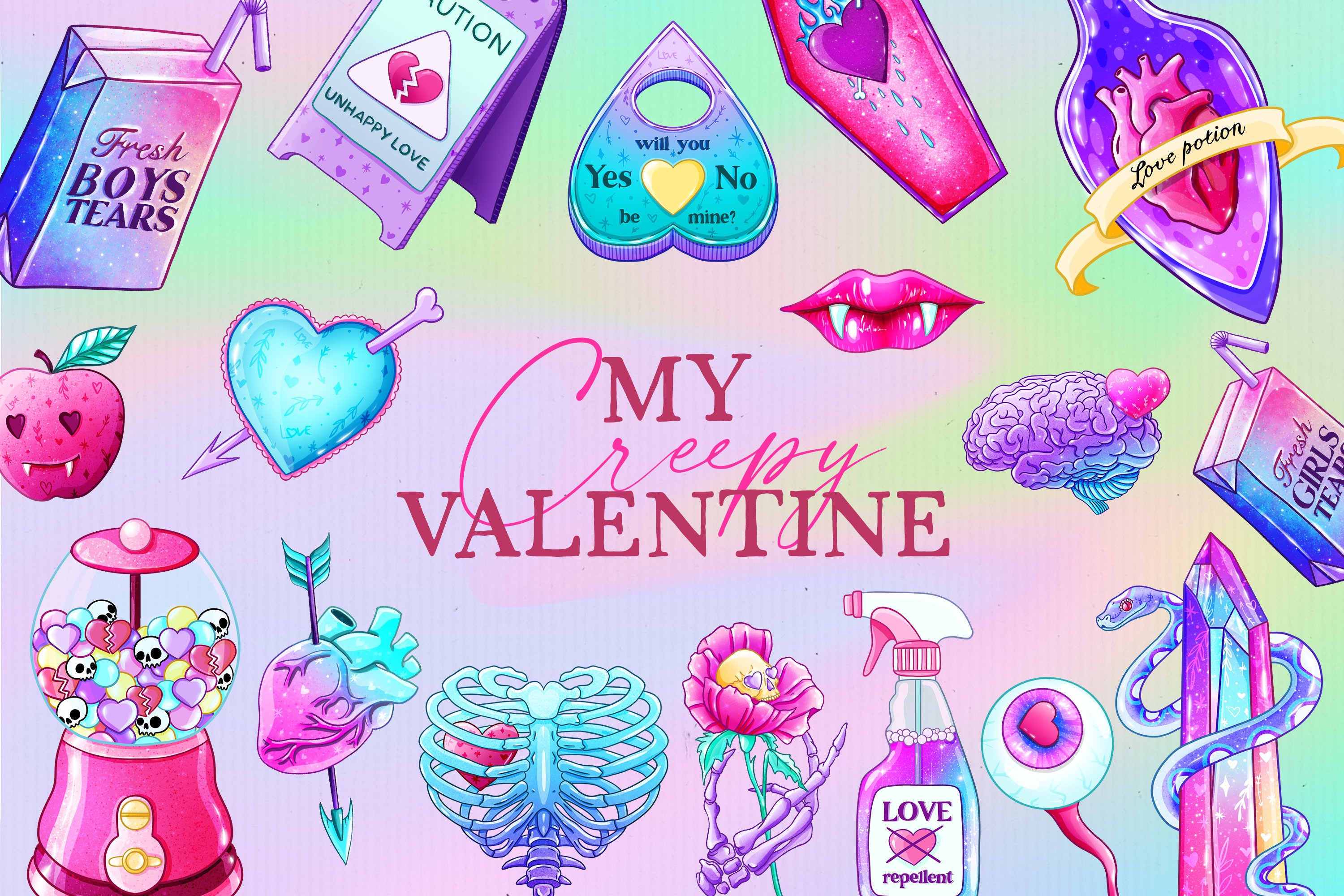Creepy valentine clipart, pastel goth clipart