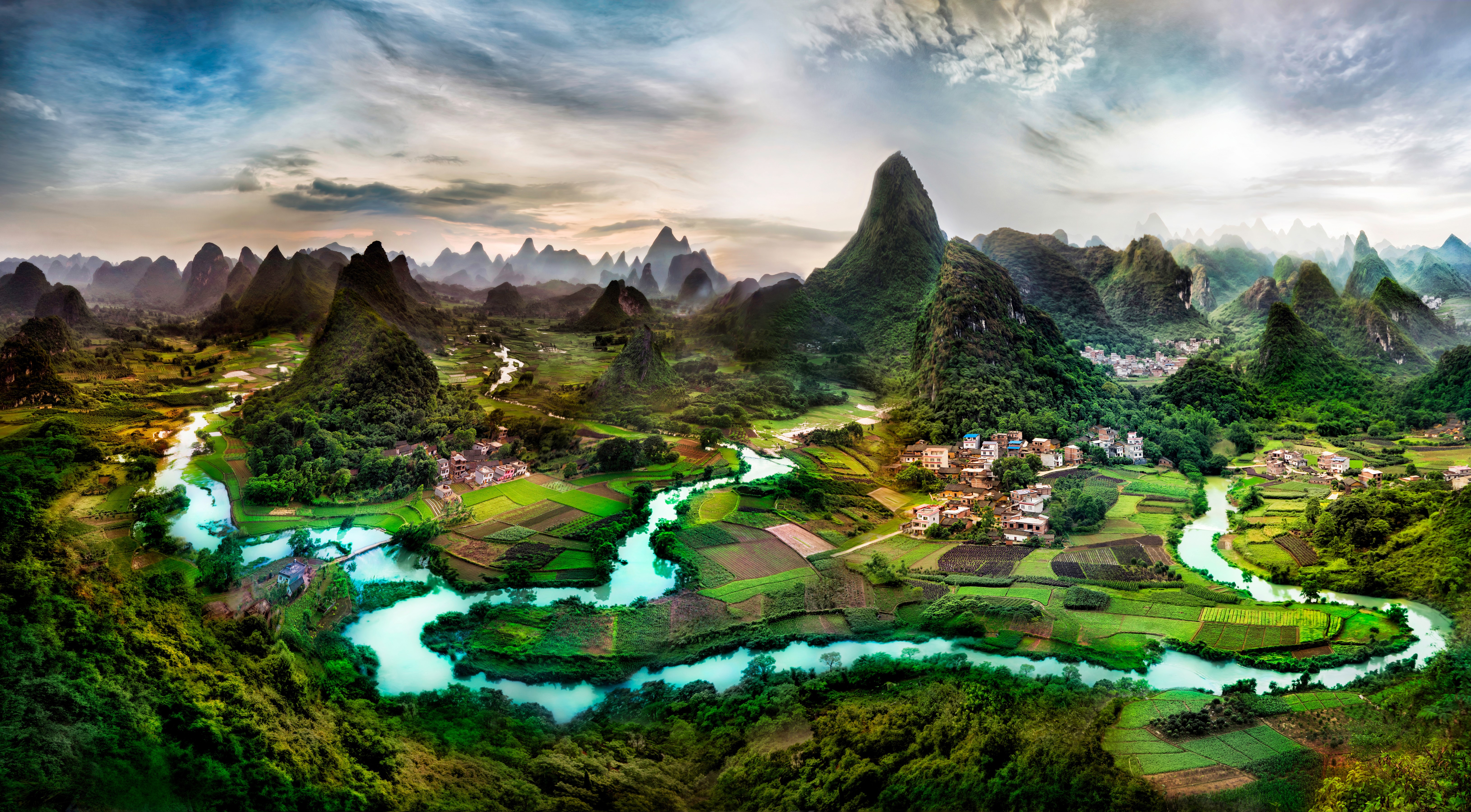Panorama of Li River at dusk in rural Guilin, Guangxi, China