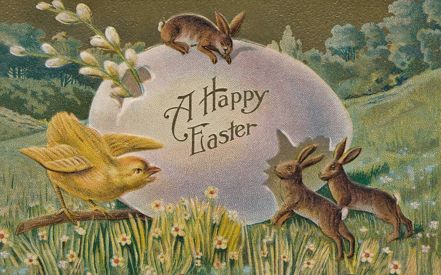 Vintage Easter Bunnies Illustration from an Early 1900s Postcard