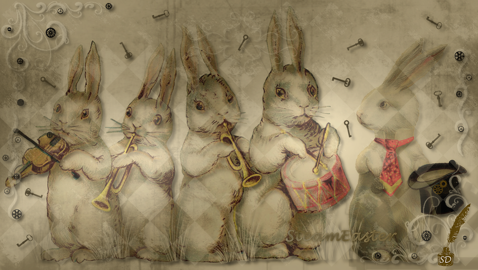 Steampunk wallpaper. Steampunk Easter wallpaper. Easter. Easter wallpaper. Graphic Steampunk wallpaper. Vintage Easter wallpaper. Vintage Easter. Rabbits. Bunni