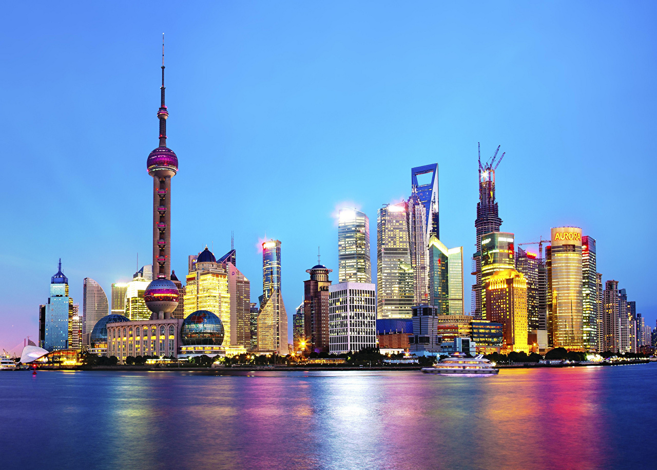 Desktop Wallpaper Shanghai China Evening Skyscrapers Cities