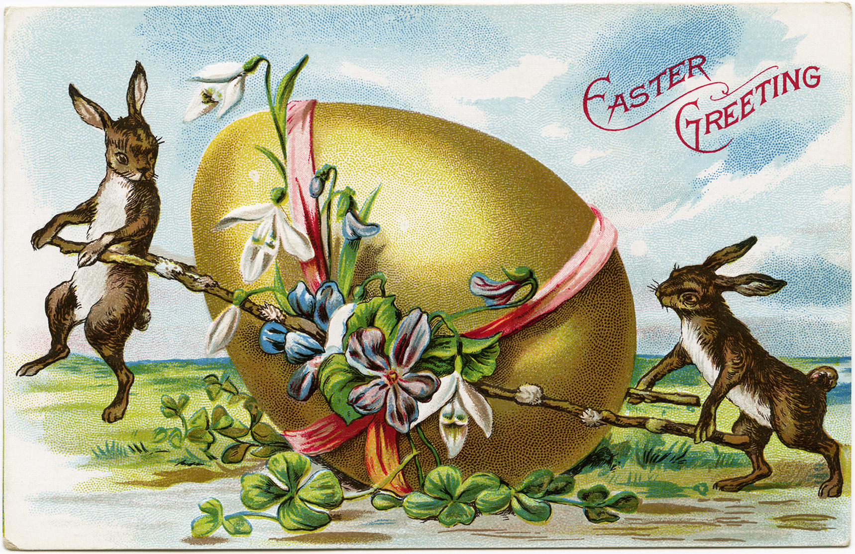 Bunnies and Large Decorated Egg Free Vintage Easter Postcard Image Old Design Shop