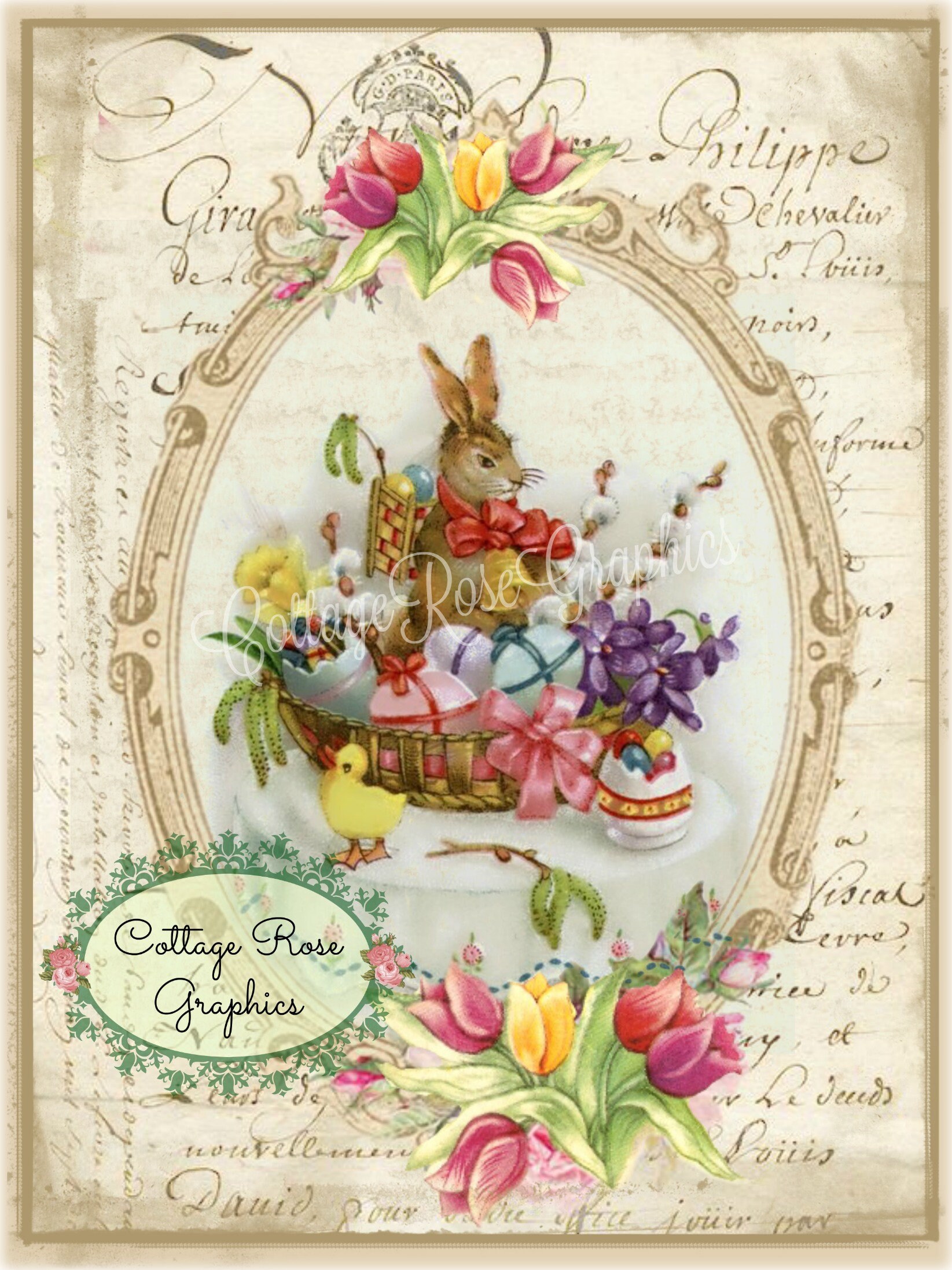 Vintage Easter Bunny in a Basket of Eggs Digital Download ECS Buy 3 Get One Free Romantic Cottage Single Image Svfteam