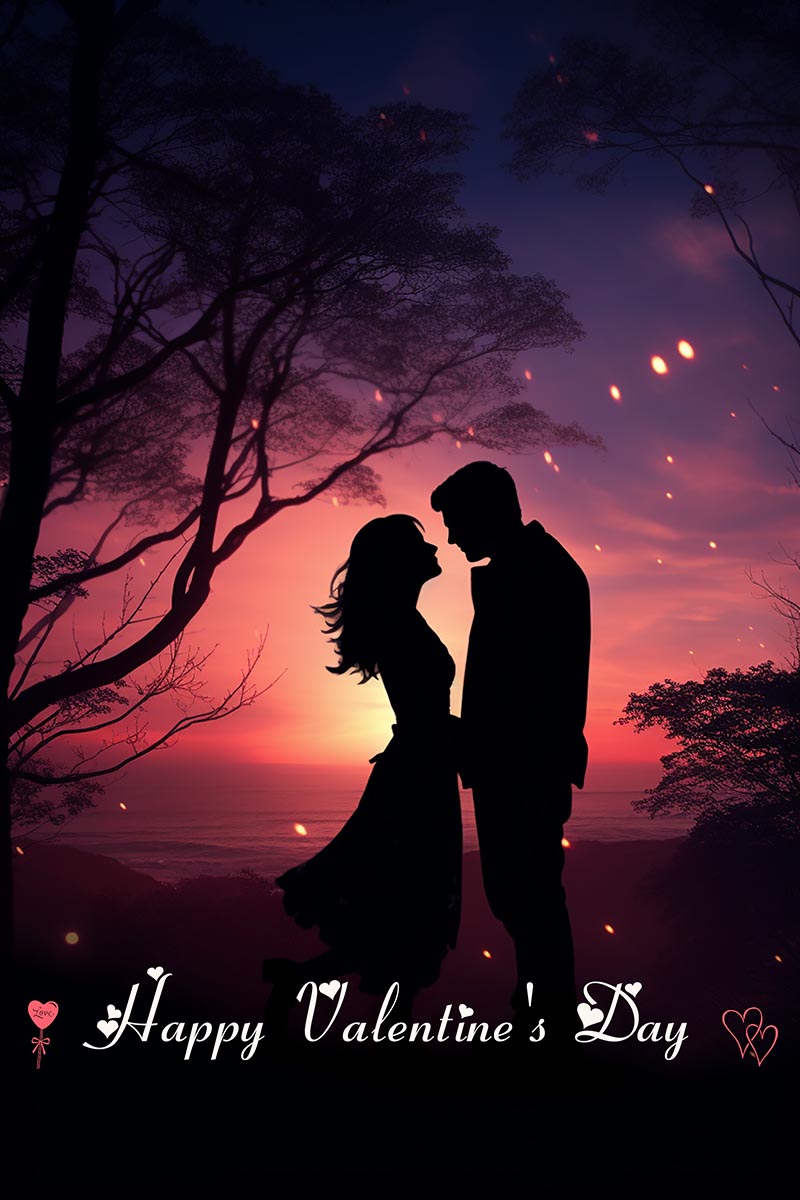 Happy Valentine's Day Young Couple Silhouette at Sunset Time