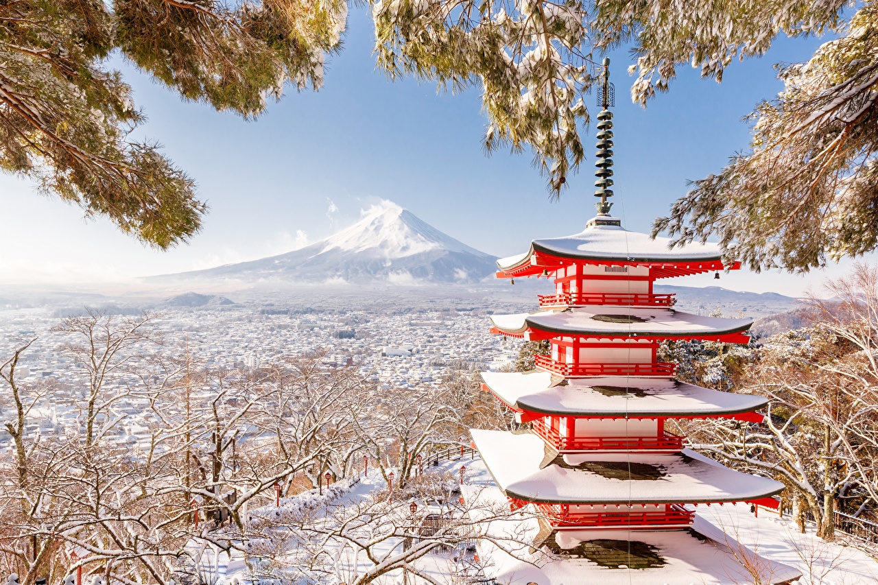 Photos Mount Fuji Japan Winter Nature Snow Pagodas