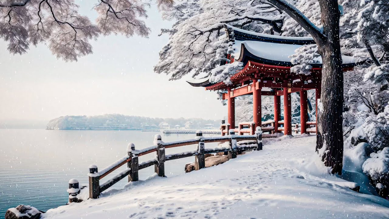 ❄️Winter Japanese Architecture, Snow Lake Atmosphere, Forest and Blizzard Sounds. Relax, Sleep