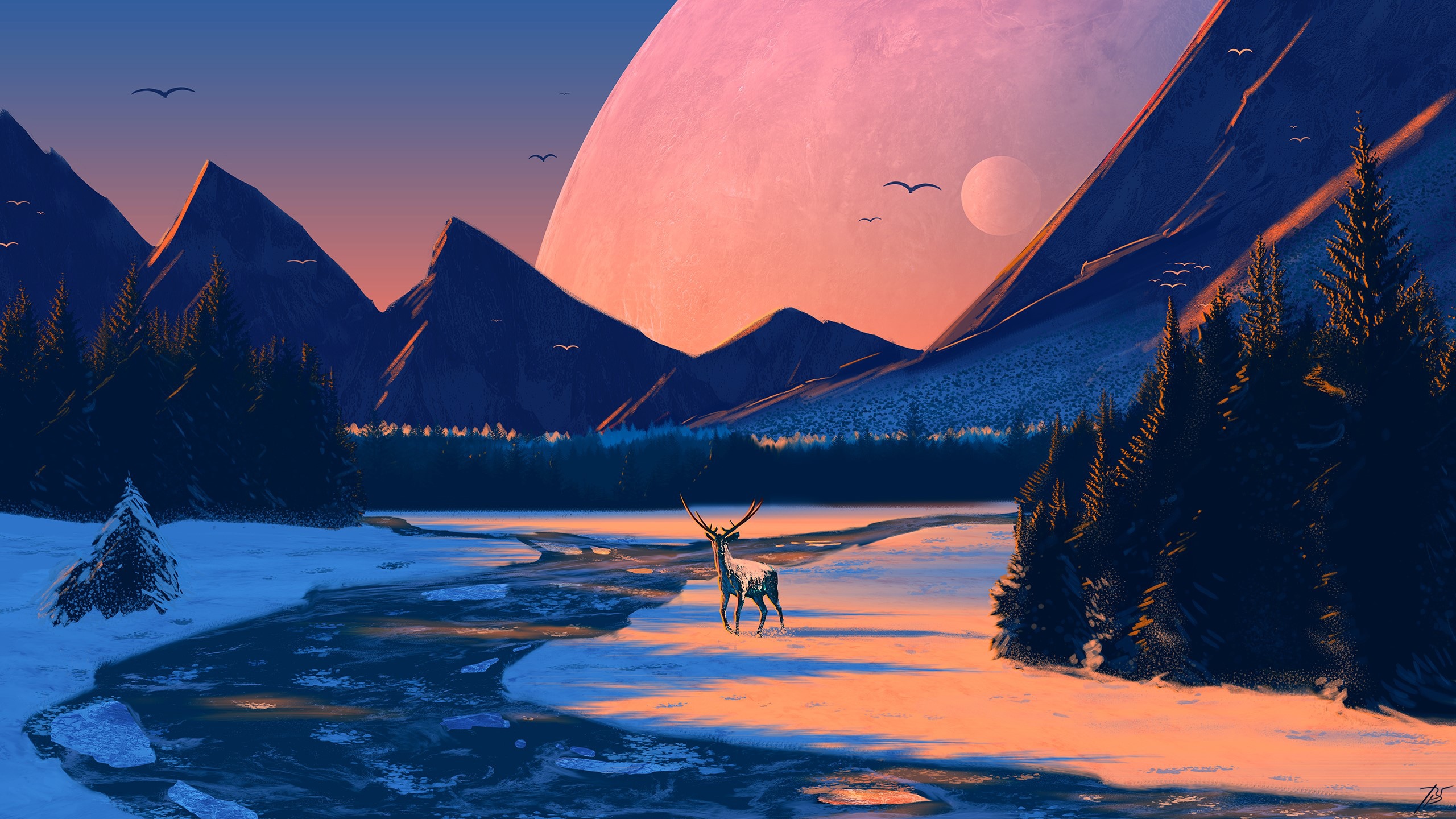 landscape, JoeyJazz, deer, nature, winter, artwork HD Wallpaper