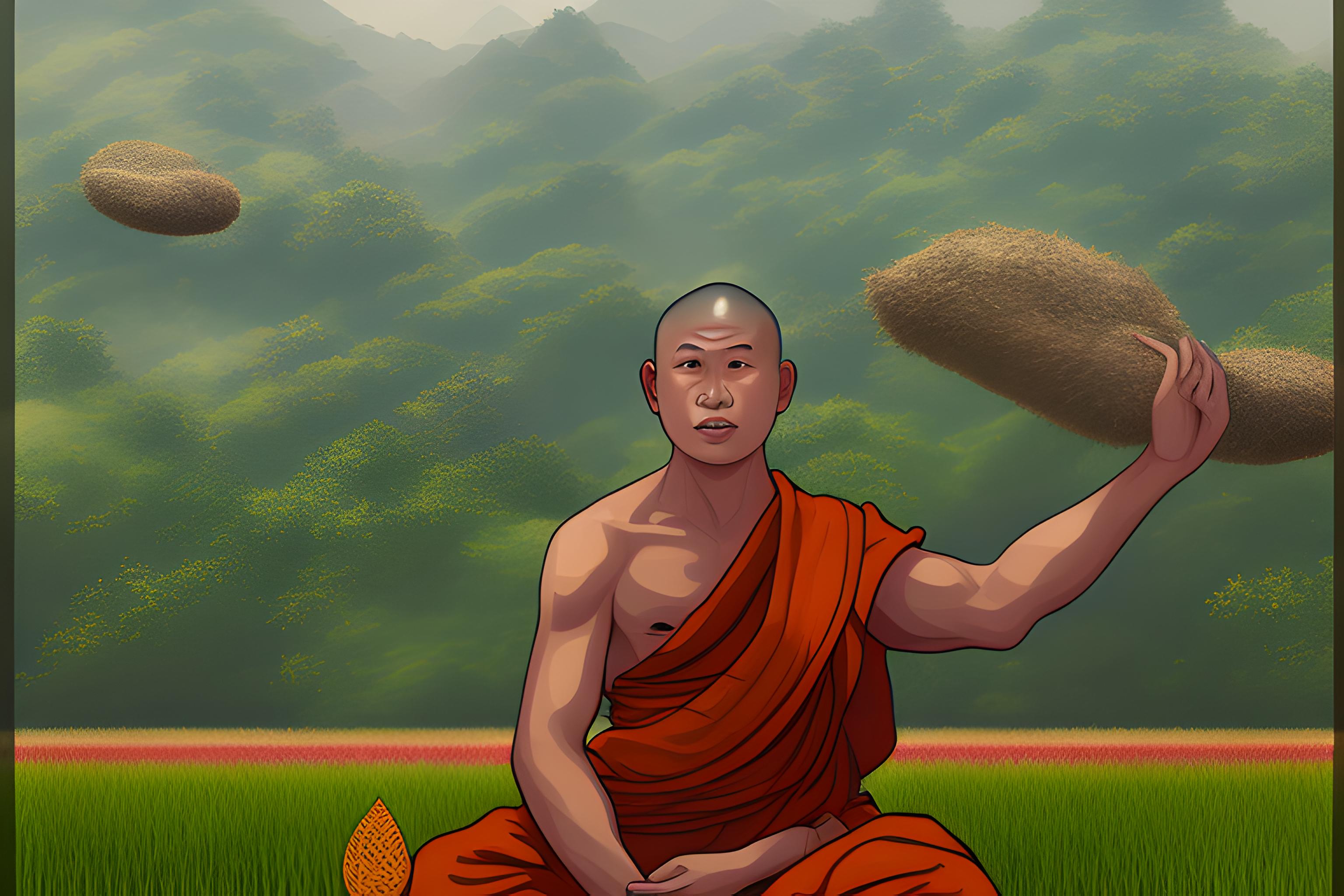a buddhist monk working concentrated on the rice field and other monks showing in the back