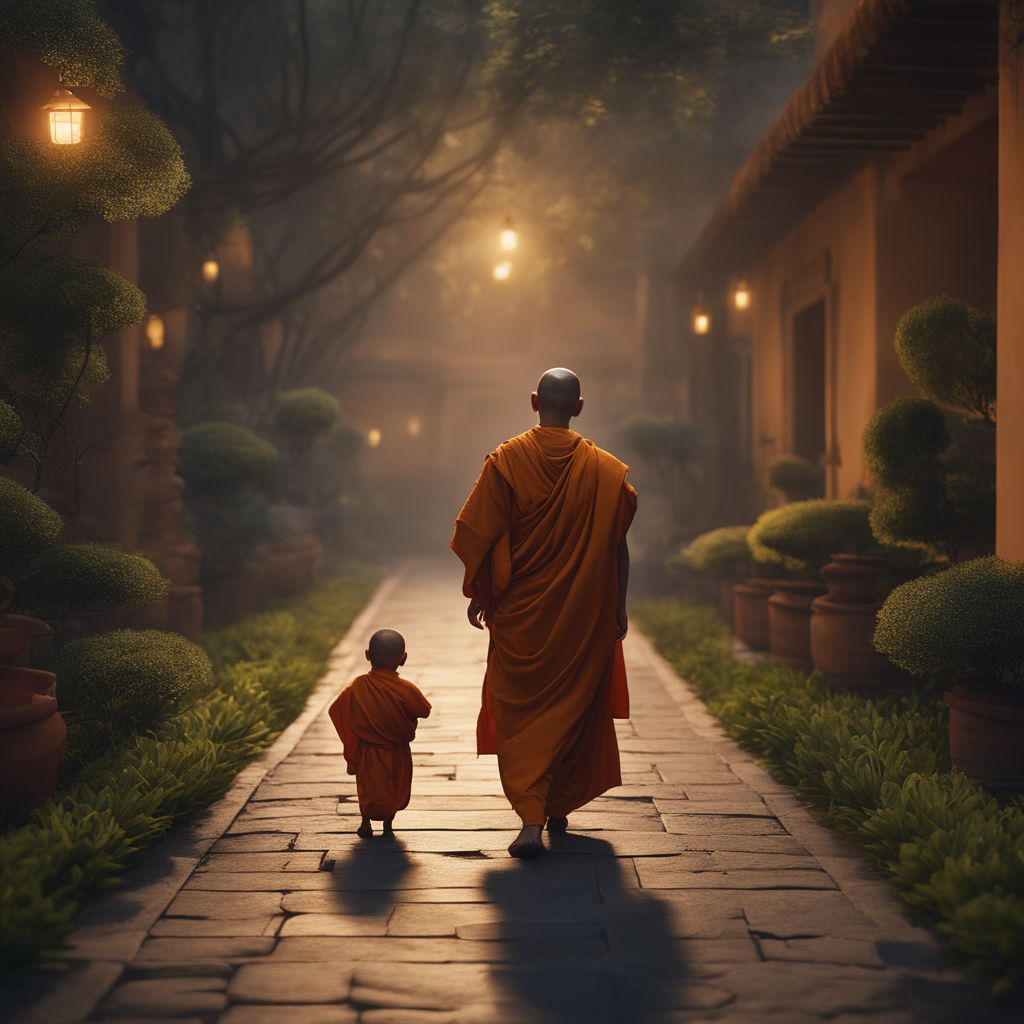 A Realistic image of a Zen master and young zen monk walking together in the garden with a full moon casting a soft