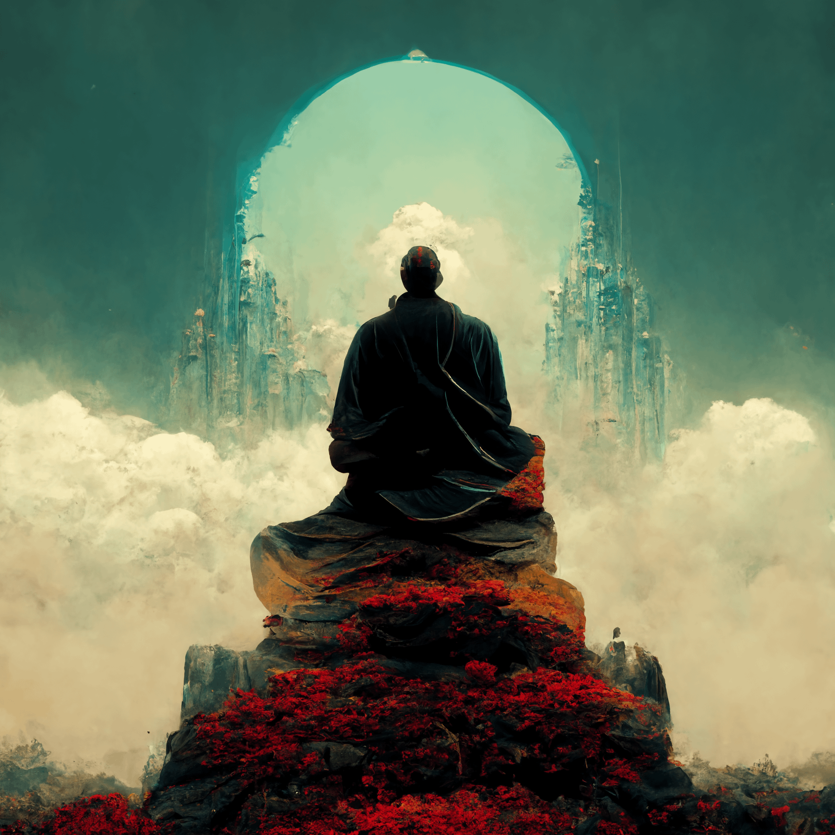 Buddhist monk contemplating the end of days in a dystopian future