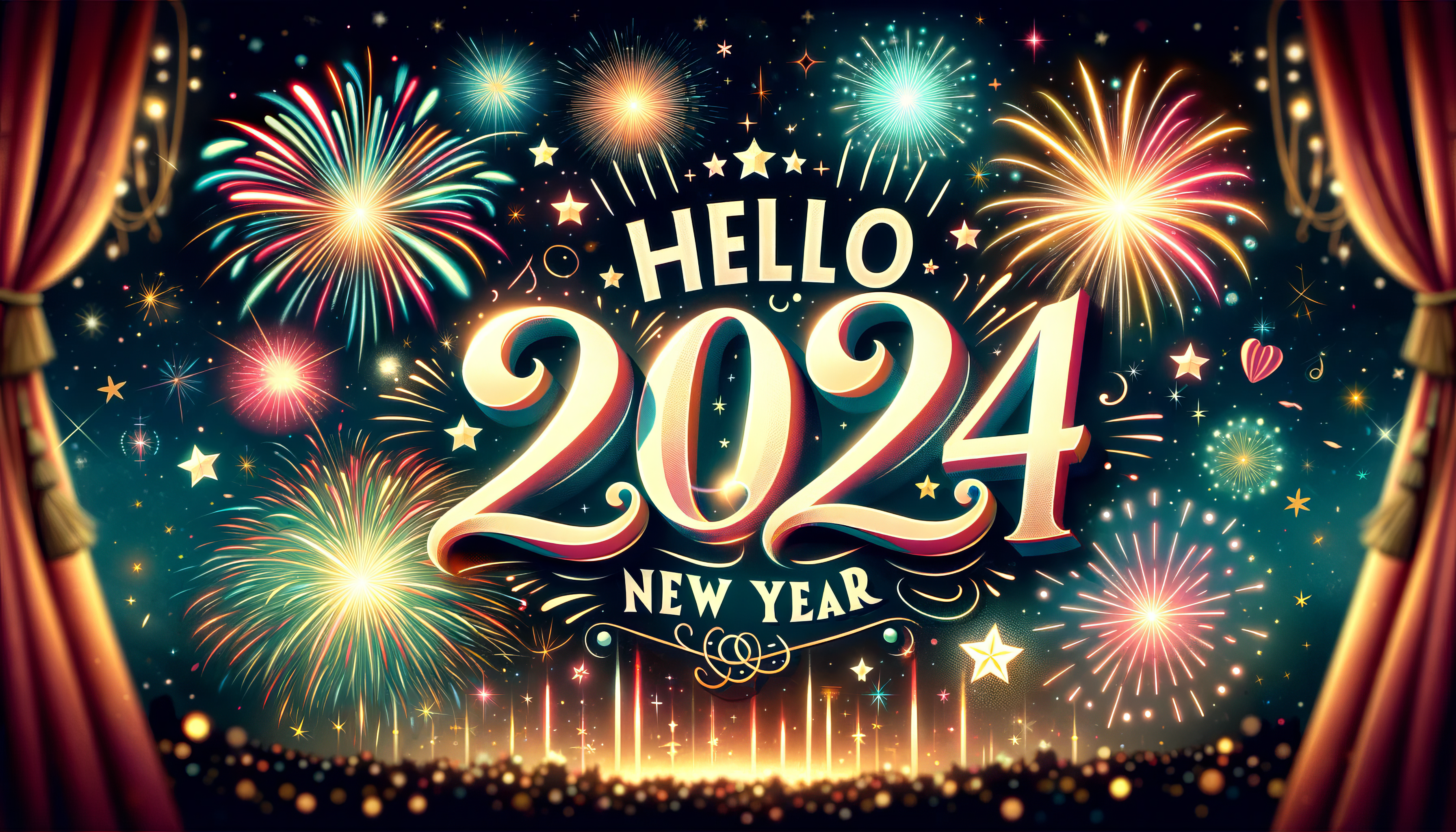 Hello 2024 New Year Fireworks HD Wallpaper