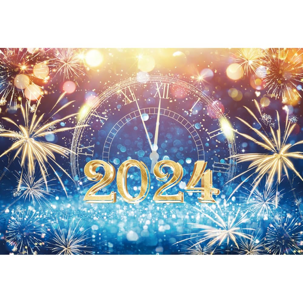 Amazon.com, 2024 Happy New Year Backdrop 12x8ft Fireworks Clock Countdown Blue Gold Photography Background New Years Eve Party Family Celebration Ceremony Banner Decor Portraits Photohoot Wallpaper Props