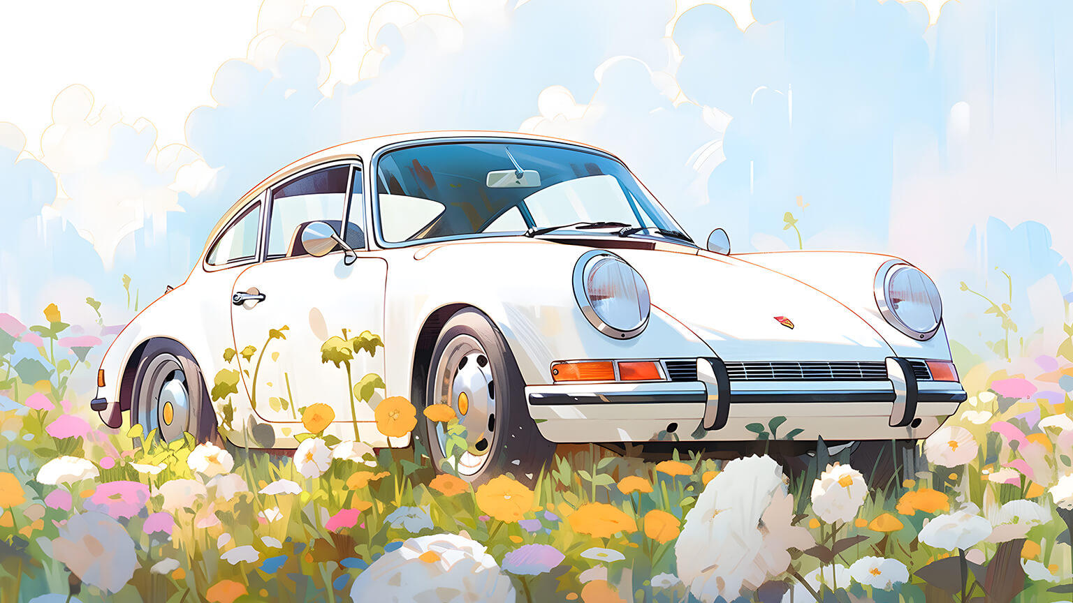 White Retro Porsche on Flower Field Desktop Wallpaper in 4K