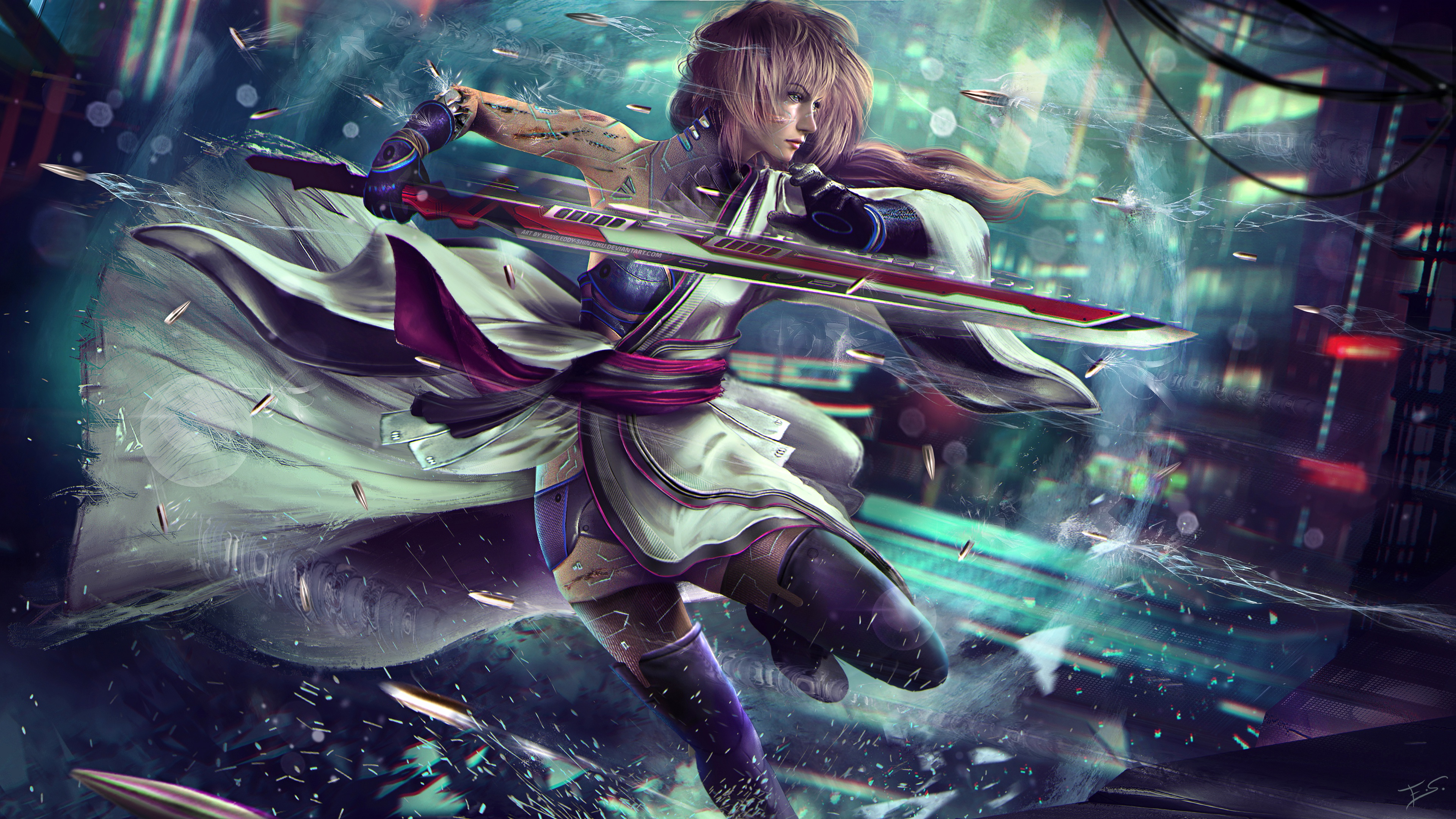 HD desktop wallpaper: Final Fantasy, Cyborg, Sword, Crossover, Pink Hair, Video Game, Lightning (Final Fantasy), Woman Warrior, Cyberpunk 2077 download free picture