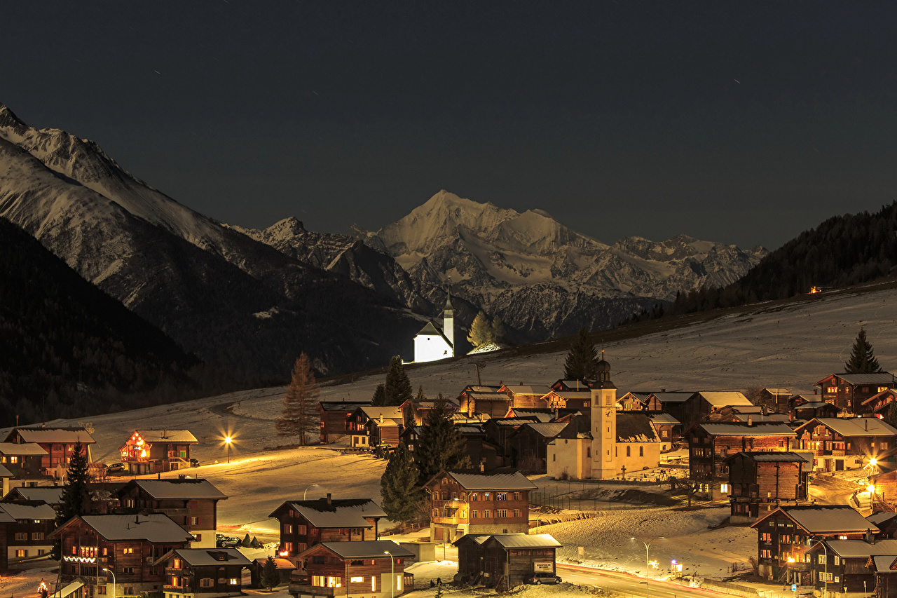 Desktop Wallpaper Switzerland Bergdorf Winter Mountains Snow Night