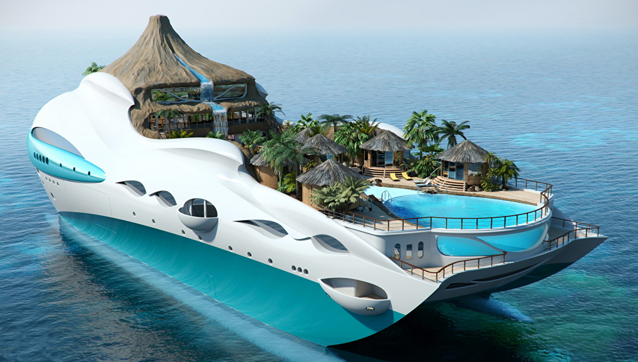Desktop Wallpaper superyacht Tropical Island Paradise expensive 3D