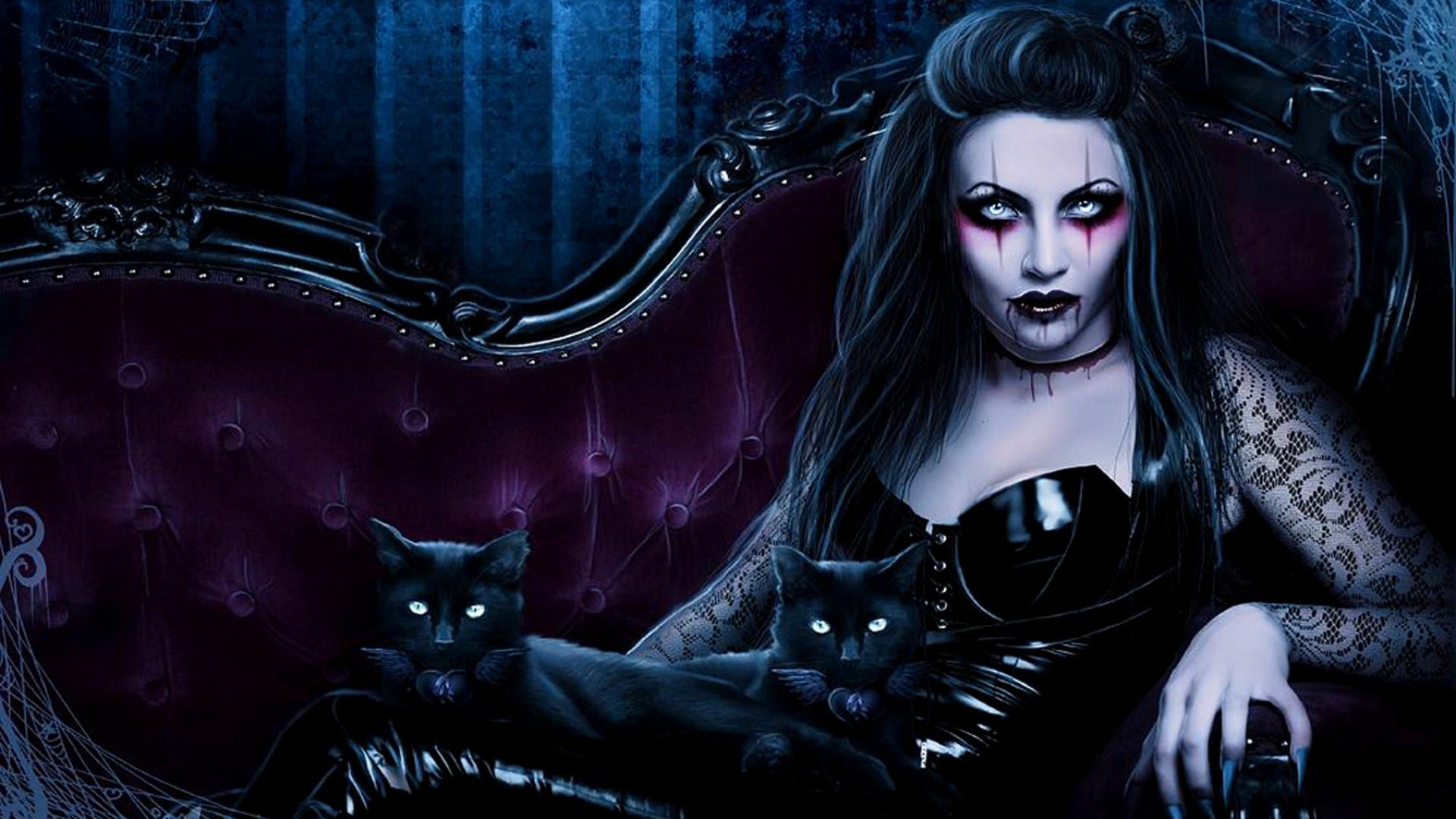 Dark fantasy gothic vampire evil horror cats art wallpaperx1080