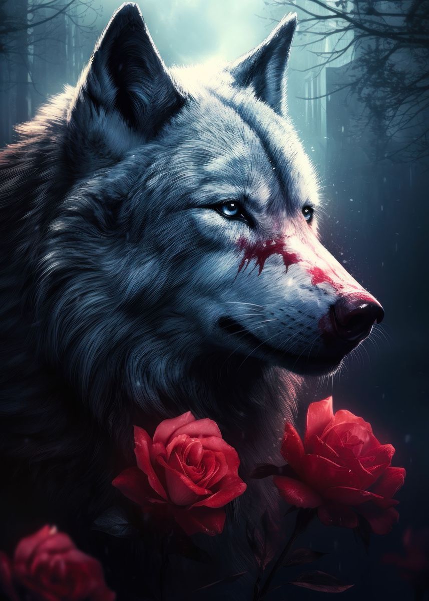 grey wolf and roses' Poster, picture, metal print, paint by Adel S. Displate. Wolf spirit animal, Wolf picture, Animal portraits art