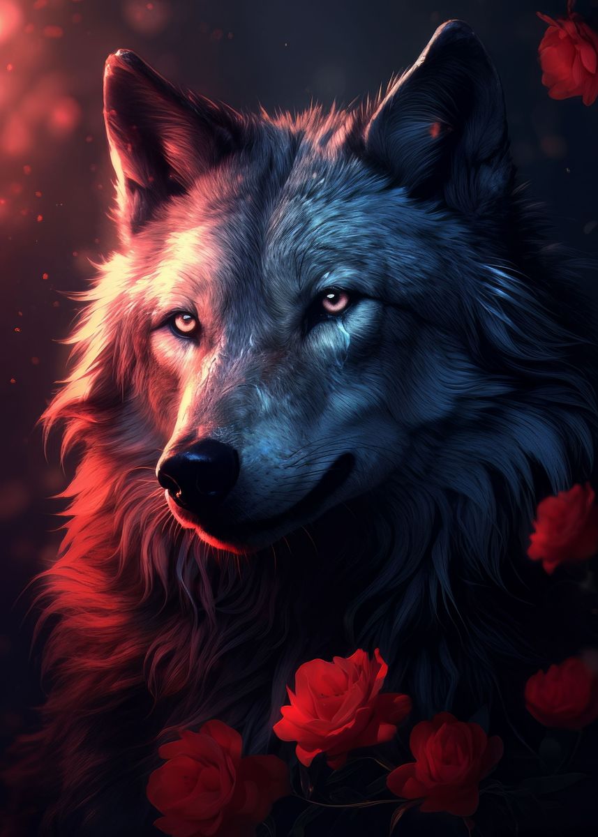 wolf magical red rose ' Poster, picture, metal print, paint